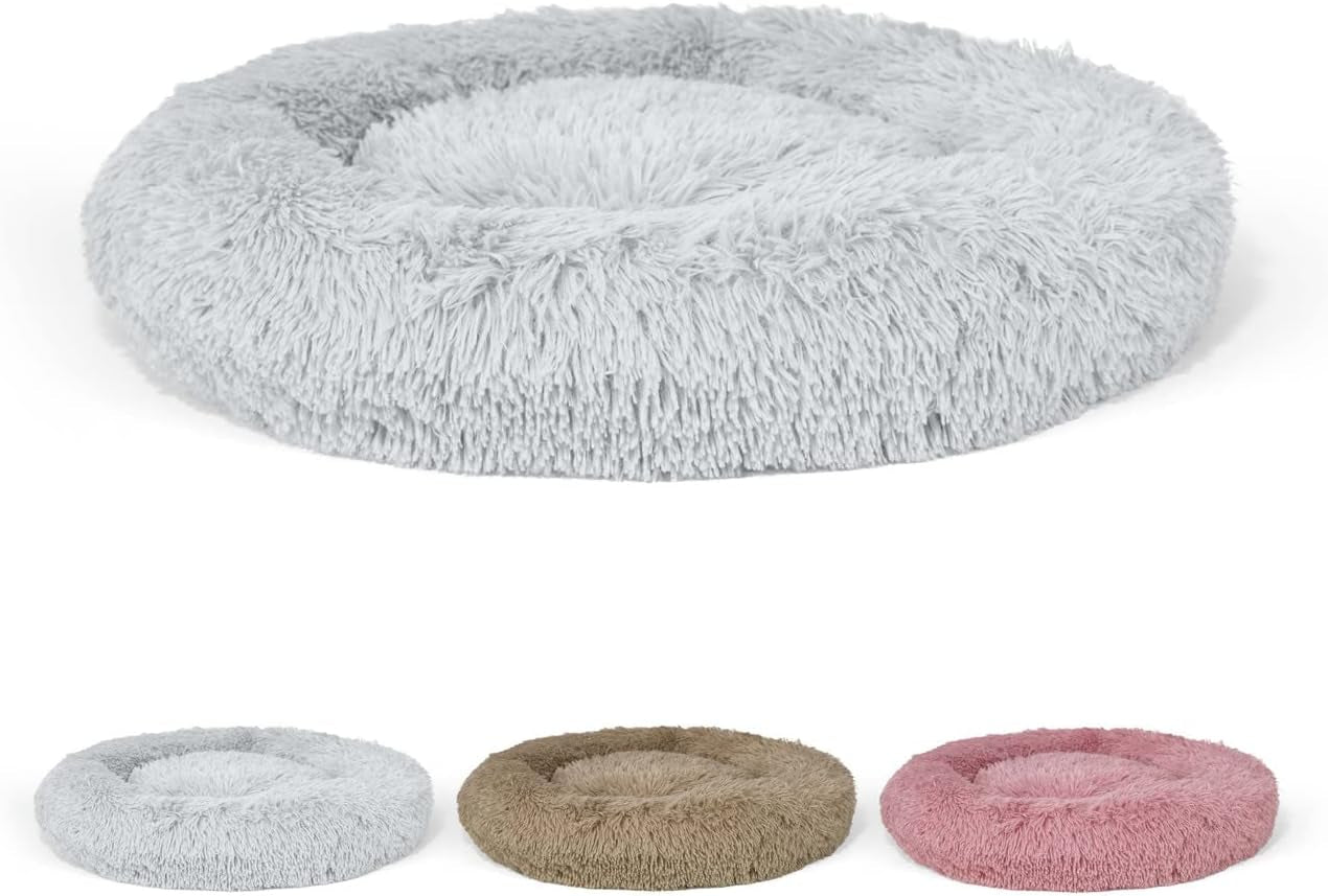 24/30 Inch Calming Donut Pet Bed for Small/Medium Cats and Dogs, Anti-Slip Bottom, Washable, Anti-Anxiety Fluffy round Cat Bed, Indoor Shaggy Cuddler Cotton Candy Brown, Light Gray, Pink Bed