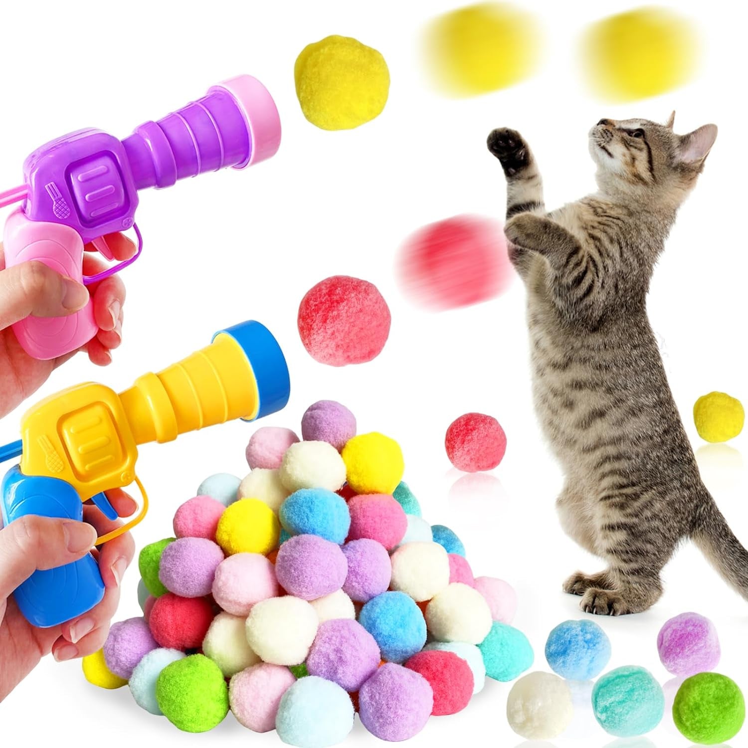 2 Cat Toy Launchers & 100 Cat Pom Pom Balls,Cat Toys Balls Launcher,Launch Ball Interactive Toy,Silent Plush Elastic Ball for Kitty