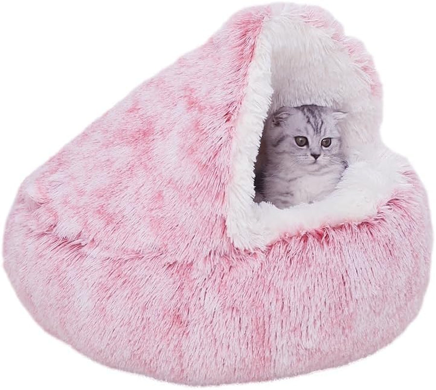 Calming round Dog Beds &Cat Cave Bed with Hooded Cover,Plush Fluffy Dog Bed Anti-Anxiety Cat Cave Bed,Waterproof Bottom Washable (Coffee, 20X20Inch)