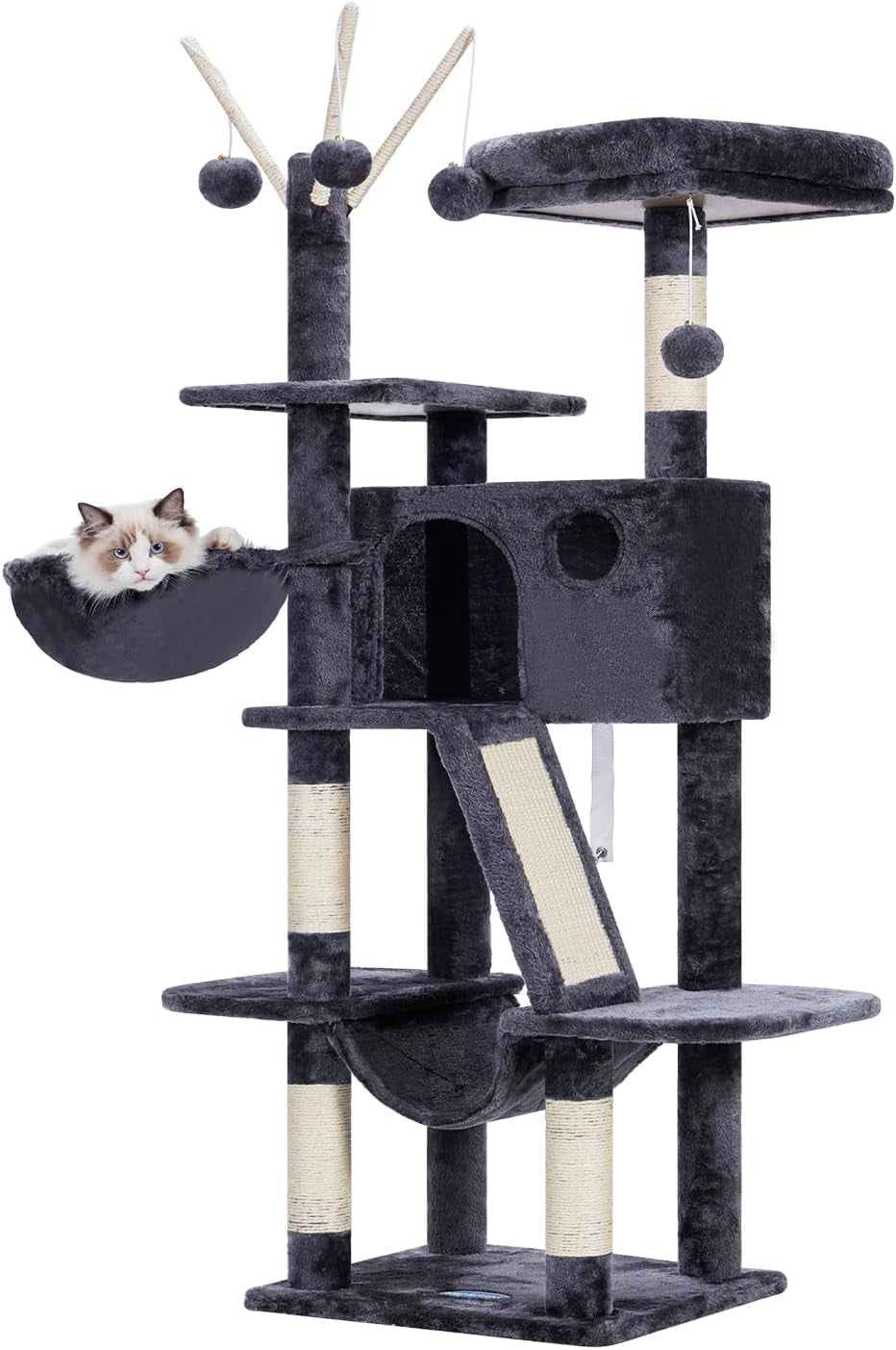 Hey-Brother Cat Tree, 53 Inch Cat Tower for Indoor Cats, Cat House with Padded Platform Bed, Toy Balls, Large Cozy Condo, Hammocks and Sisal Scratching Posts, Light Gray MPJ019-SW