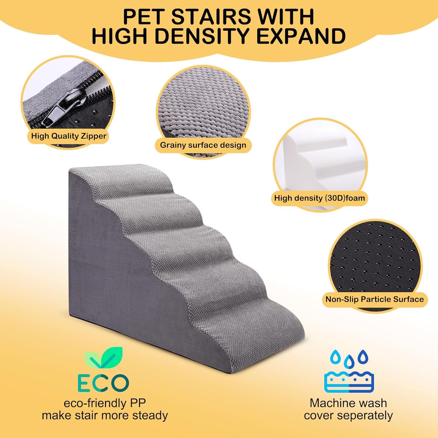 Dog Stairs for Bed, 5-Step Dog Steps for Couch and High Bed, Non-Slip Pet Stairs, 24" High Sofa Foam Dog Ramp - Best for Small Pets, Older Dogs, Cats with Joint Pain