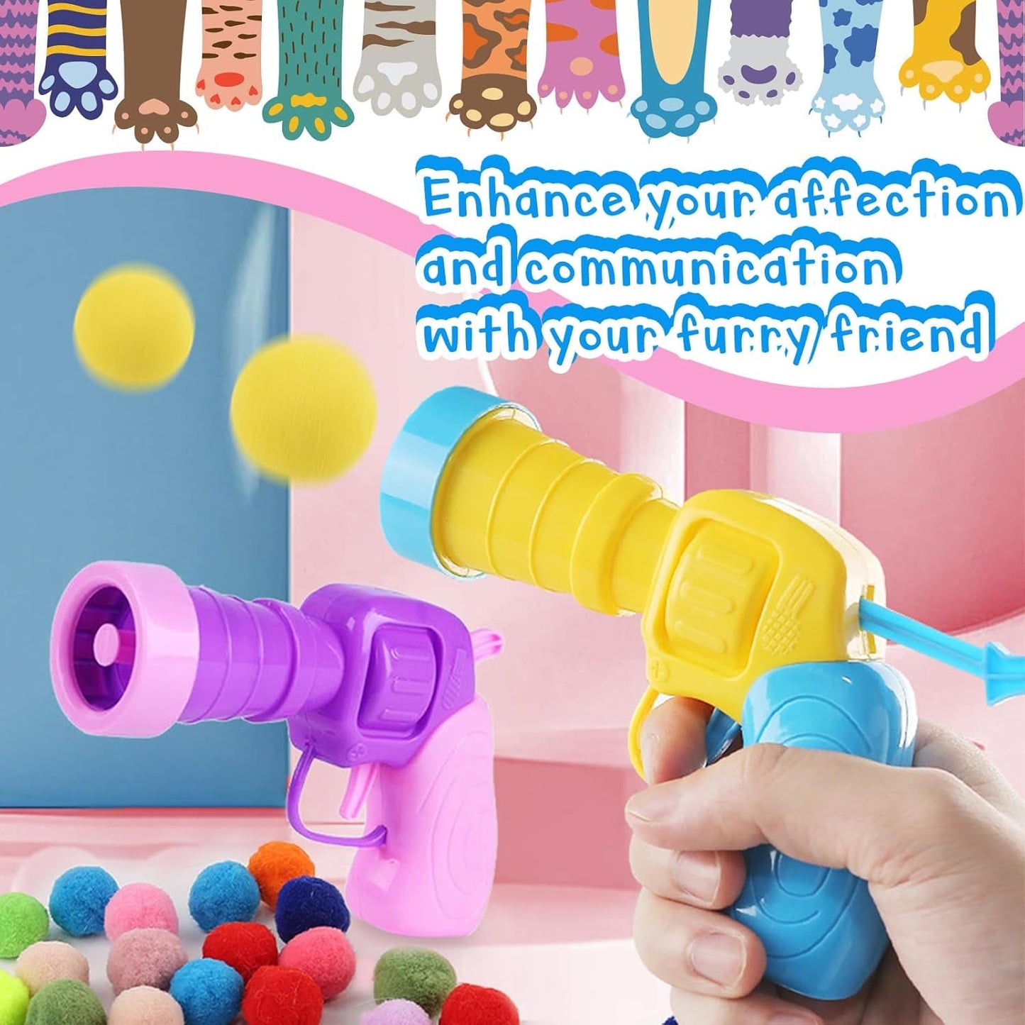 2 Cat Toy Launchers & 100 Cat Pom Pom Balls,Cat Toys Balls Launcher,Launch Ball Interactive Toy,Silent Plush Elastic Ball for Kitty