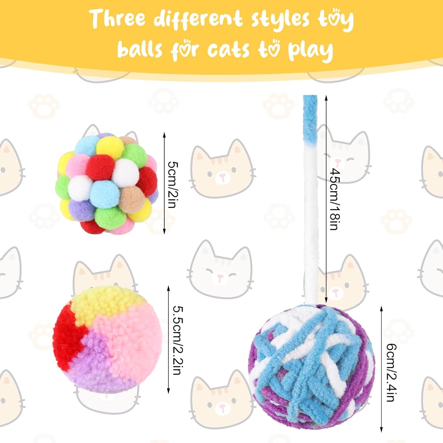 12 Pack Ferret Toys Ball Set,Yarn Balls for Cats Rainbow Cat Toy Balls, Colorful Woolen Yarn Ferret Balls Cat Pom Pom Balls Interactive Sound Toy for Ferret Cat Kittens(2/2.2/2.4Inch)