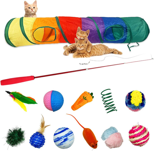 13Pcs Cat Tunnel with Feather Toy Set, 1Pc Premium Cat Wand Feather, 1Pc Cat Tunnel and 11 Pcs Cat Toys for Indoor Cat