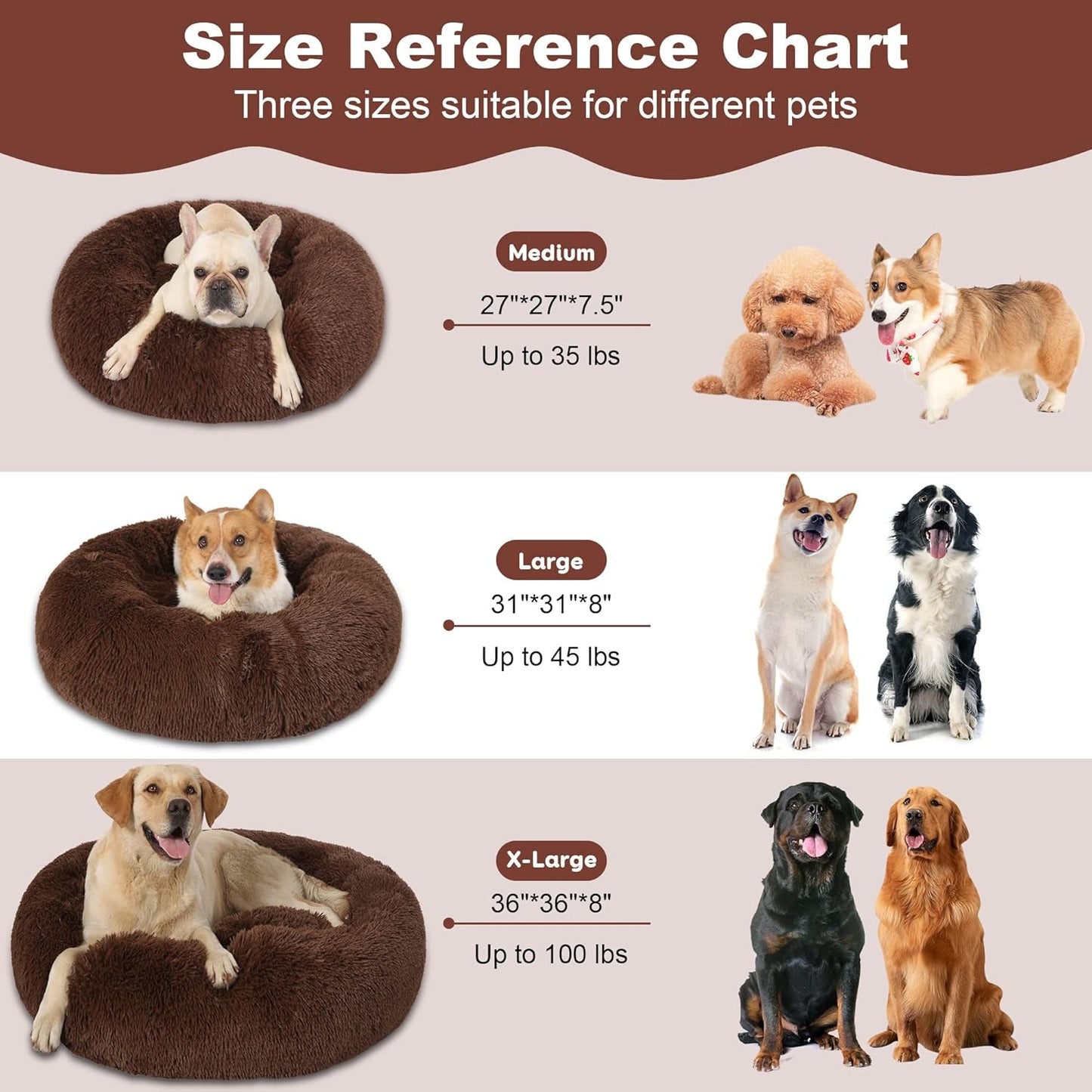 Dog Beds for Large Dogs, Big Calming Dog Bed Washable, Pet Beds for Medium Dogs to Extra Large Dogs, 36 Inch Plush round Donut anti Anxiety XL Dog Bed, Dark Brown