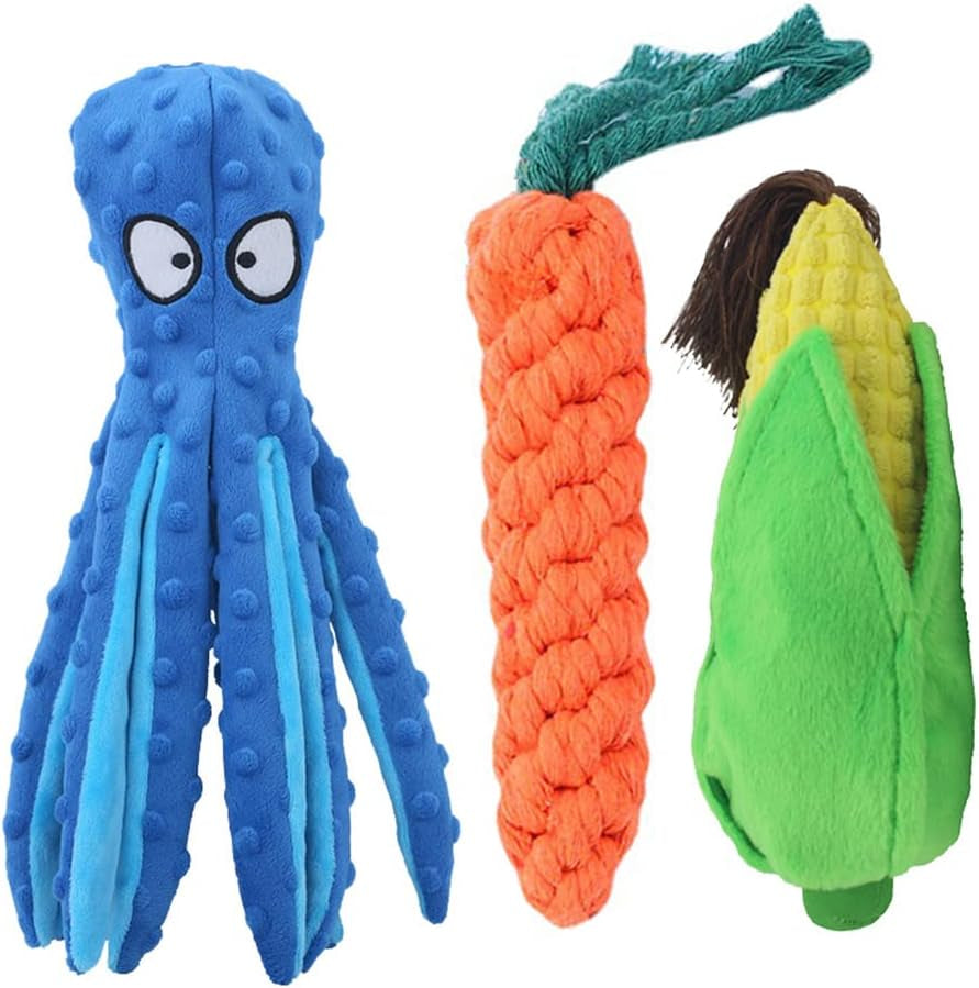 3 Pack Dog Squeaky Toys Octopus Corn-Crinkle Plush Dog Toys Squeaker inside for Puppy Teething, Durable Interactive Dog Chew Toys for Small to Medium Dogs Training Games Playing and Reduce Boredom