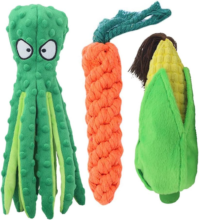 3 Pack Dog Squeaky Toys Octopus Corn-Crinkle Plush Dog Toys Squeaker inside for Puppy Teething, Durable Interactive Dog Chew Toys for Small to Medium Dogs Training Games Playing and Reduce Boredom