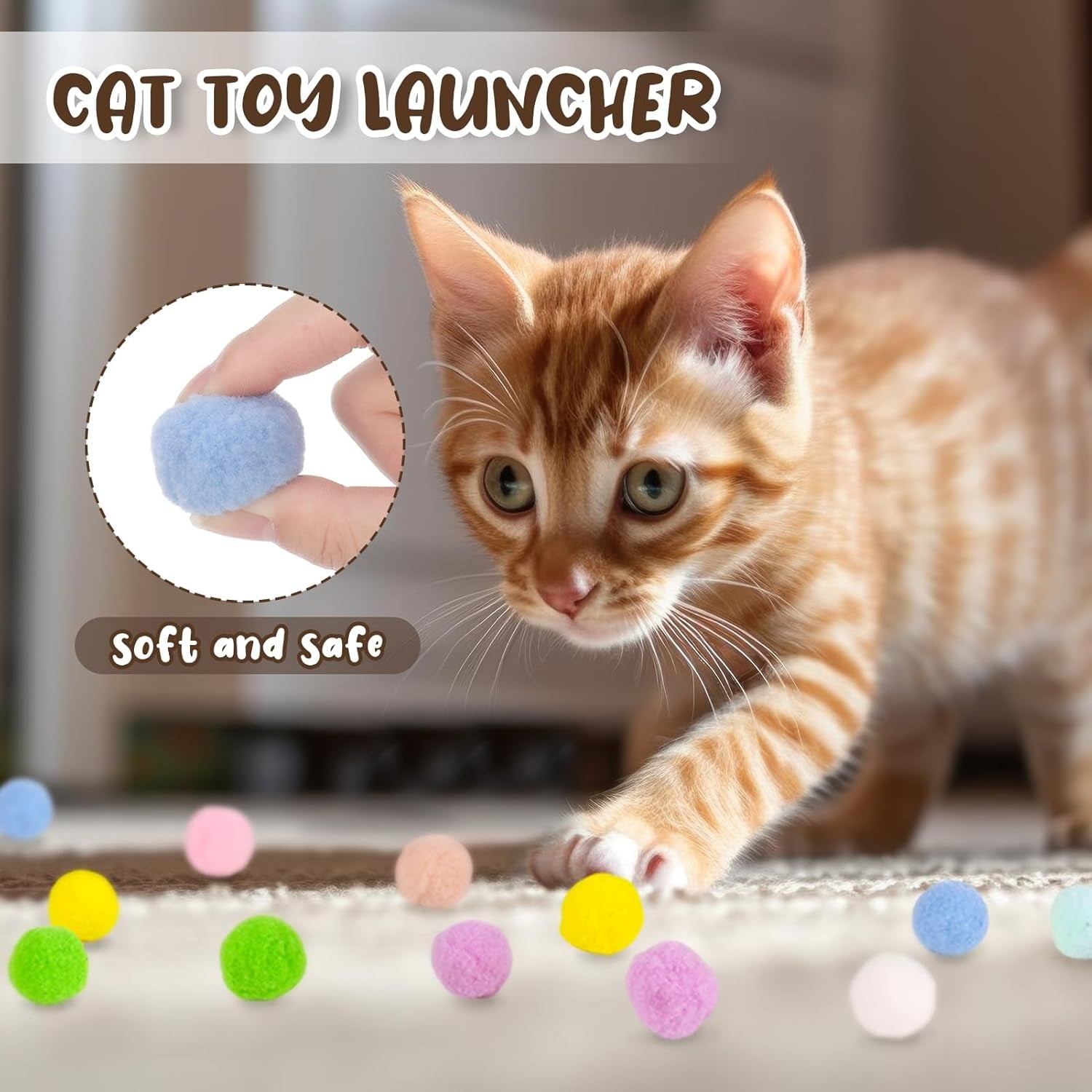 204 Pcs Cat Toy Balls Cat Ball Launcher Toy, Cat Toy Balls with 4 Pcs Launcher and 200 Pcs Pom Poms Balls, Cat Toys Interactive with Colorful Cat Balls for Indoor Cat