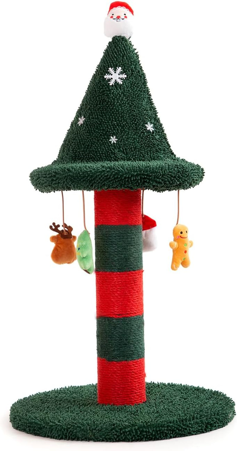 LUCKITTY Cat Scratching Post with 4 Hanging Plush Toy - Christmas Tree Alternative Give Your Cat a Toy and Scratching Post in One with This Ultimate Cat Tree 30 * 15 Inch Red Green