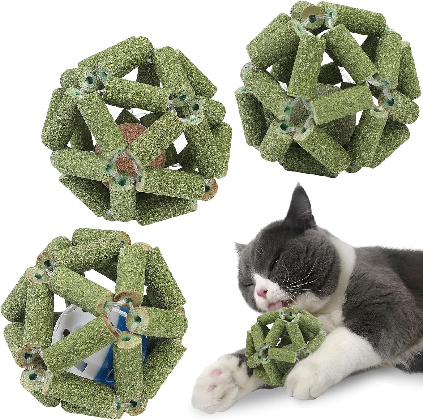 3Pcs Cat Catnip Toy, Natural Silvervine Catnip Ball Toy with Bell, Interactive Cat Toys for Indoor Cats Kitten, Cat Chew Toy for Cleaning Teeth, Relieves Anxiety and Loneliness