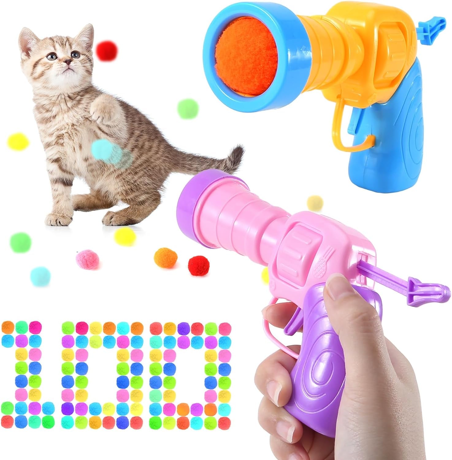 2 Pack Cat Ball Toy Launcher - Includes 100 Colorful Plush Cat Balls and Exciting Launcher Set for Hours of Interactive Fun and Exercise