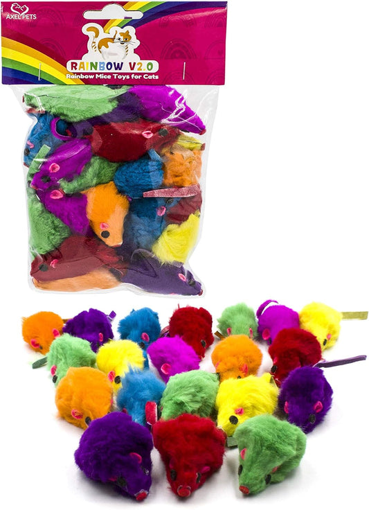 20 Colorful Rainbow V2.0 Mice with Catnip and Rattle Sound Made of Real Rabbit Fur Interactive Catch Play Mouse Toy for Feline Cat, Pack of 20 Mice