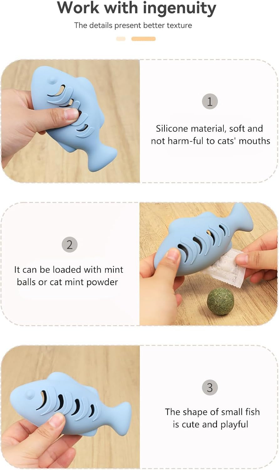 3 Pcs Cat Treat Toys, Fish Shape Food-Grade Silicone Meal Dispenser, Used with Food or Catnip for Kitten, Interactive Cat Toy