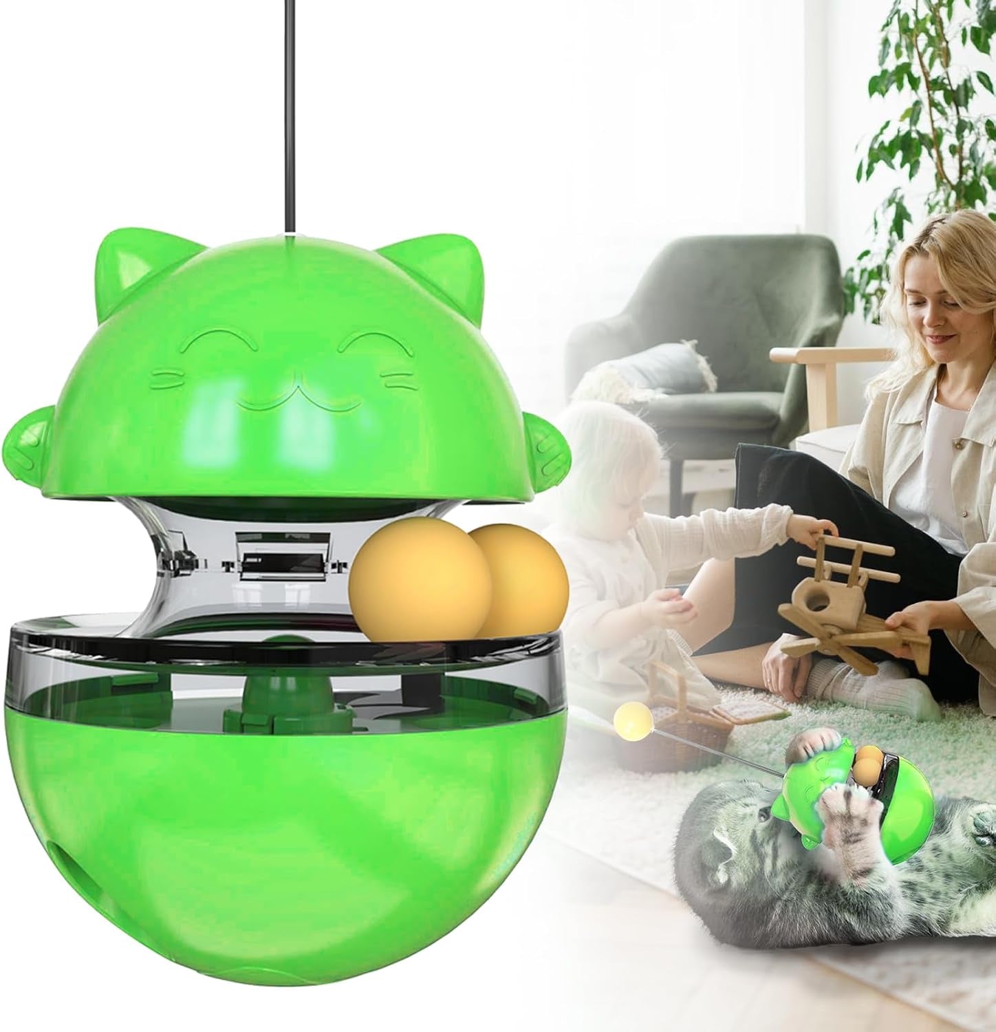 2 in 1 Cat Treat Dispenser Toy - Cat Interactive Toy and Cat Treat Ball, Tumbler Interactive Ball Cat Puzzle Feeder, Cat Food Puzzle Toy，Suitable for All Types of Cats and Small Pet Dogs(Green)