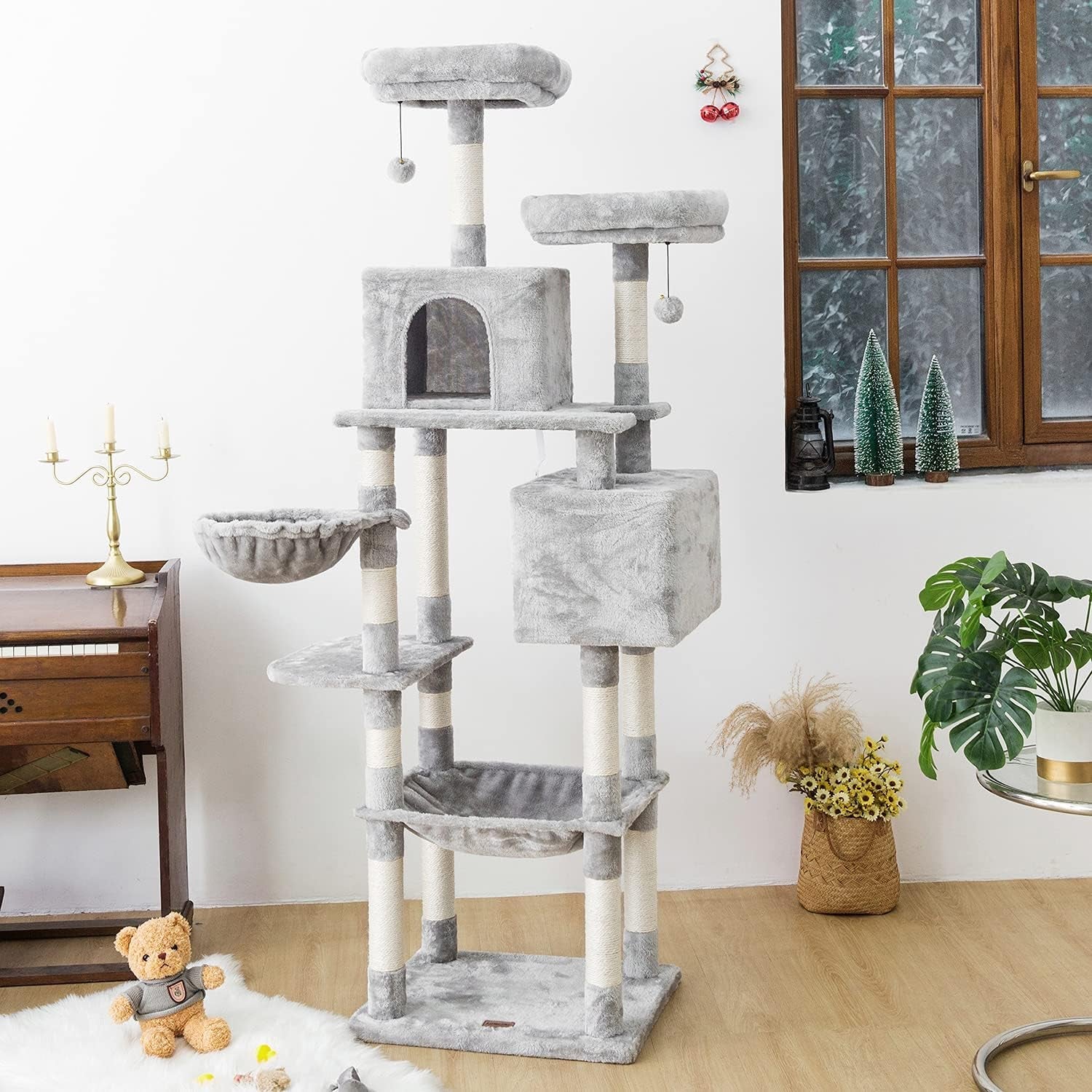 Kilodor Tall Cat Tree, 75Inch Cat Tower Multi Level Condo with Large Hammocks, Scratching Posts,Plush Perches Cat Activity Center Light Gray