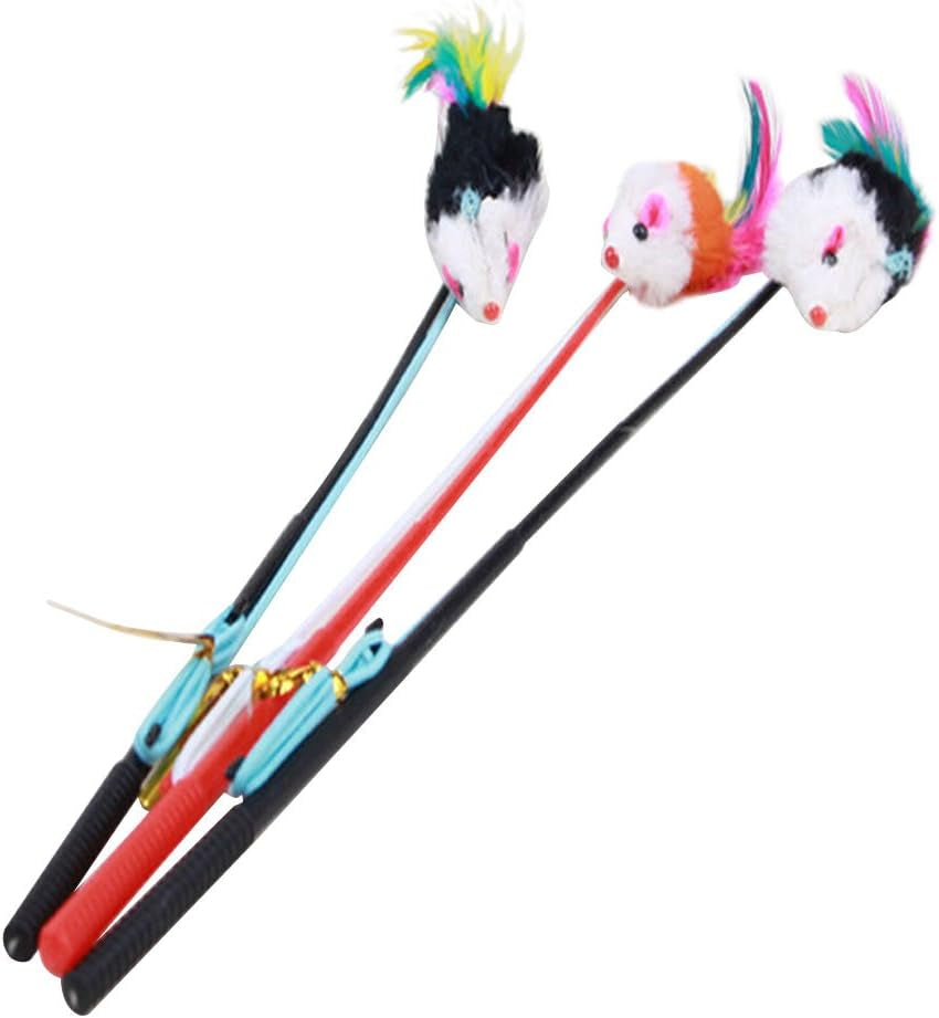 3Pcs Funny Pet Feather False Mouse with Plastic Stick 31Cm and Small Bell Cat Kitten Playing Scratch Toy (Color Random)