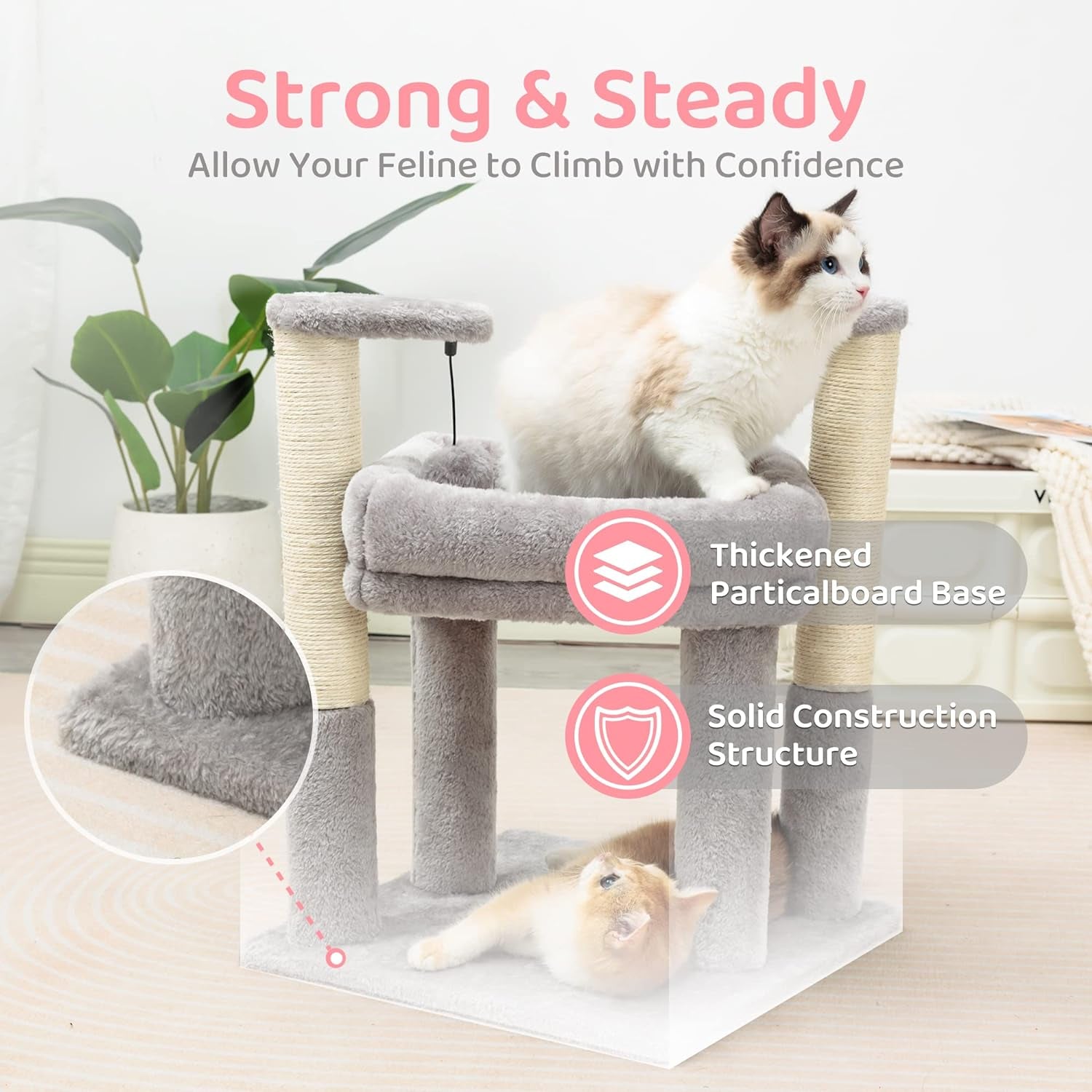 Made4Pets Cat Tree for Indoor Cats, Cat Tower with 2 Natural Sisal Scratching Post for Kitten, Kitty Cat Bed with Pom-Pom Dangling Balls, Grey, DIY