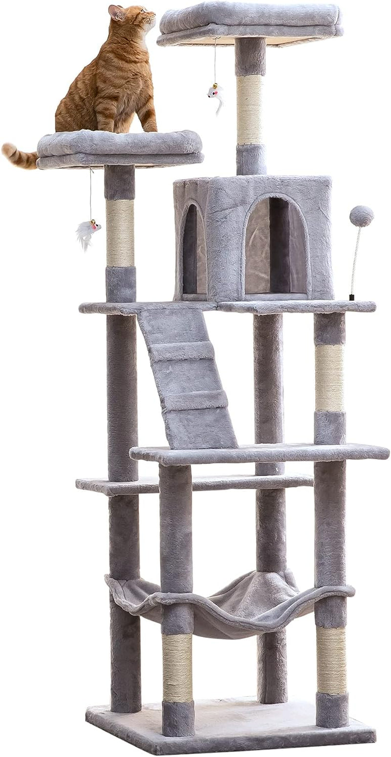 MWPO 63.8 Inches Multi-Level Cat Tree for Large Cats with Sisal-Covered Scratching Posts, Padded Platform, Hammock and Condo,Stable Cat Tower Cat Condo Pet Play House-Light Gray