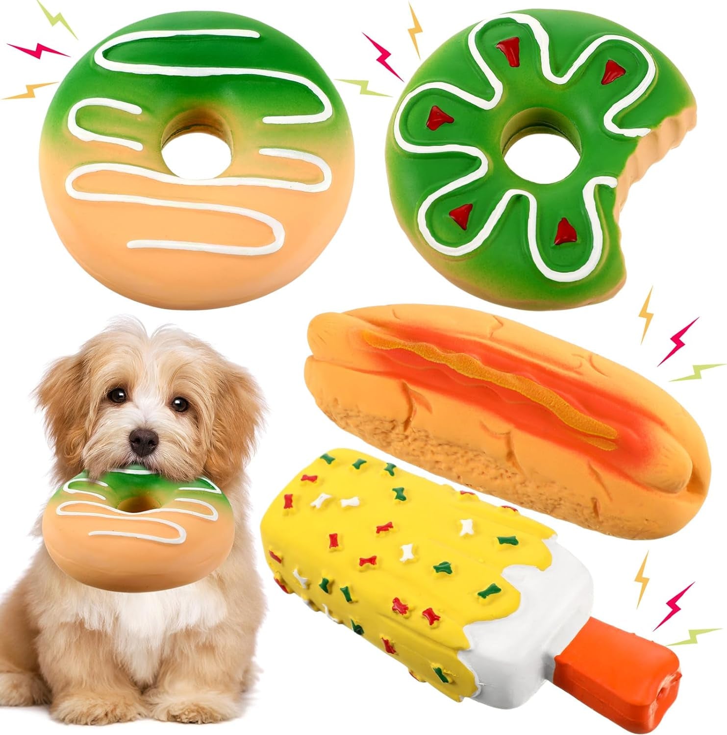 4 Pcs Latex Dog Toys Squeakers Food Puppy Toys for Aggressive Chew Ice Cream Hot Dog Donut Dog Toys for Small Medium Large Dogs Interactive Play Dog Birthday Party