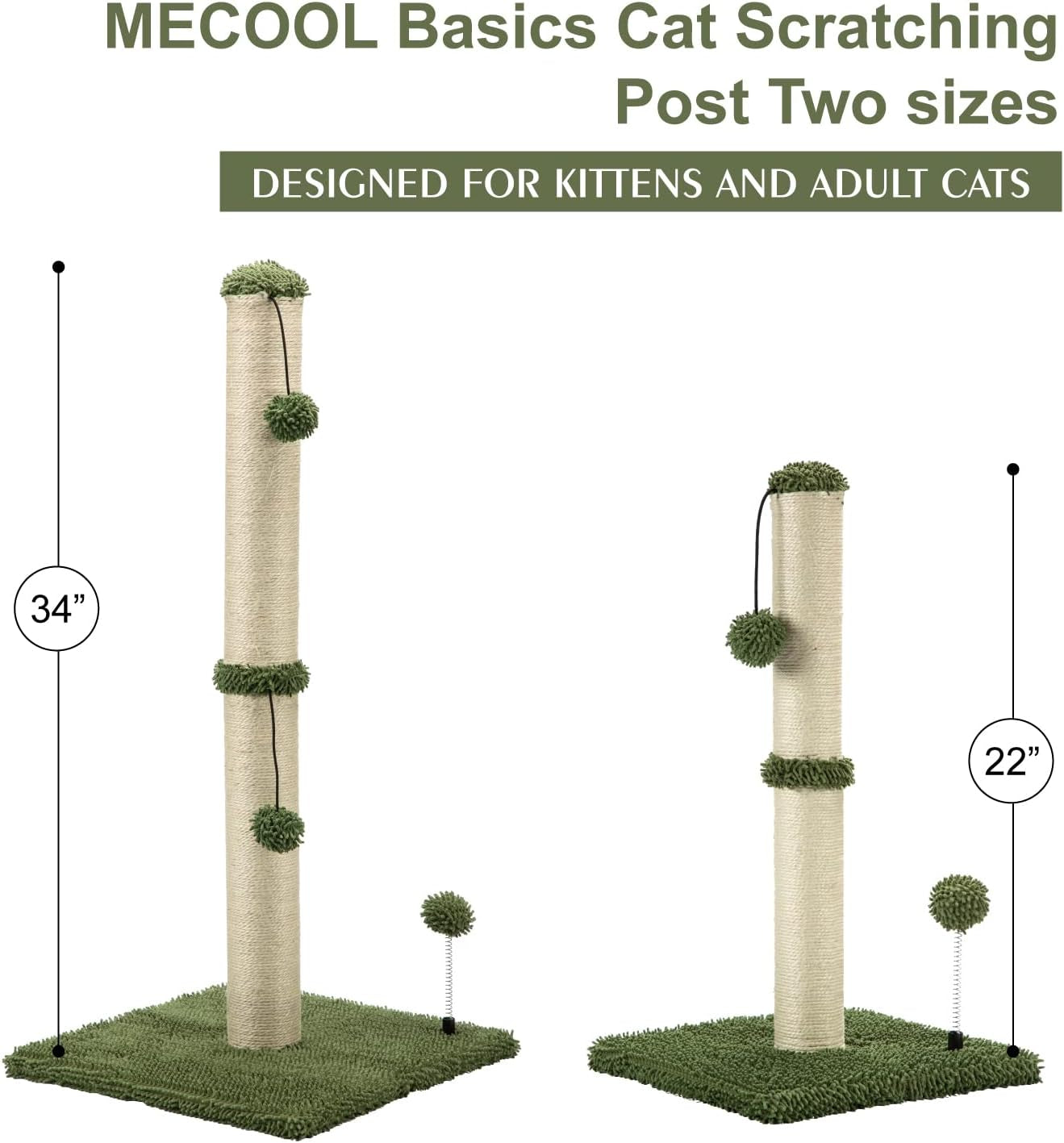 34“ Tall Cat Scratching Post Premium Basics Kitten Scratcher Sisal Scratch Posts Trees with Hanging Ball for Indoor Cats (34 Inches for Adult Cats, Cactus Green)