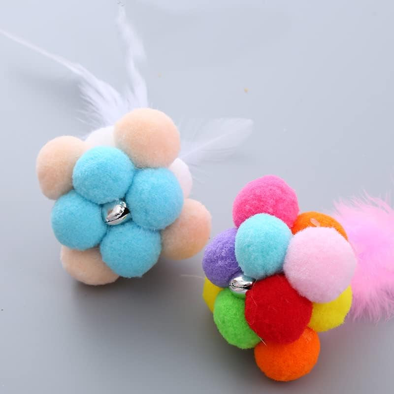 2 Pack Cat Plush Ball Toys with Feathers and Bells, Rainbow Color, for Small Animals