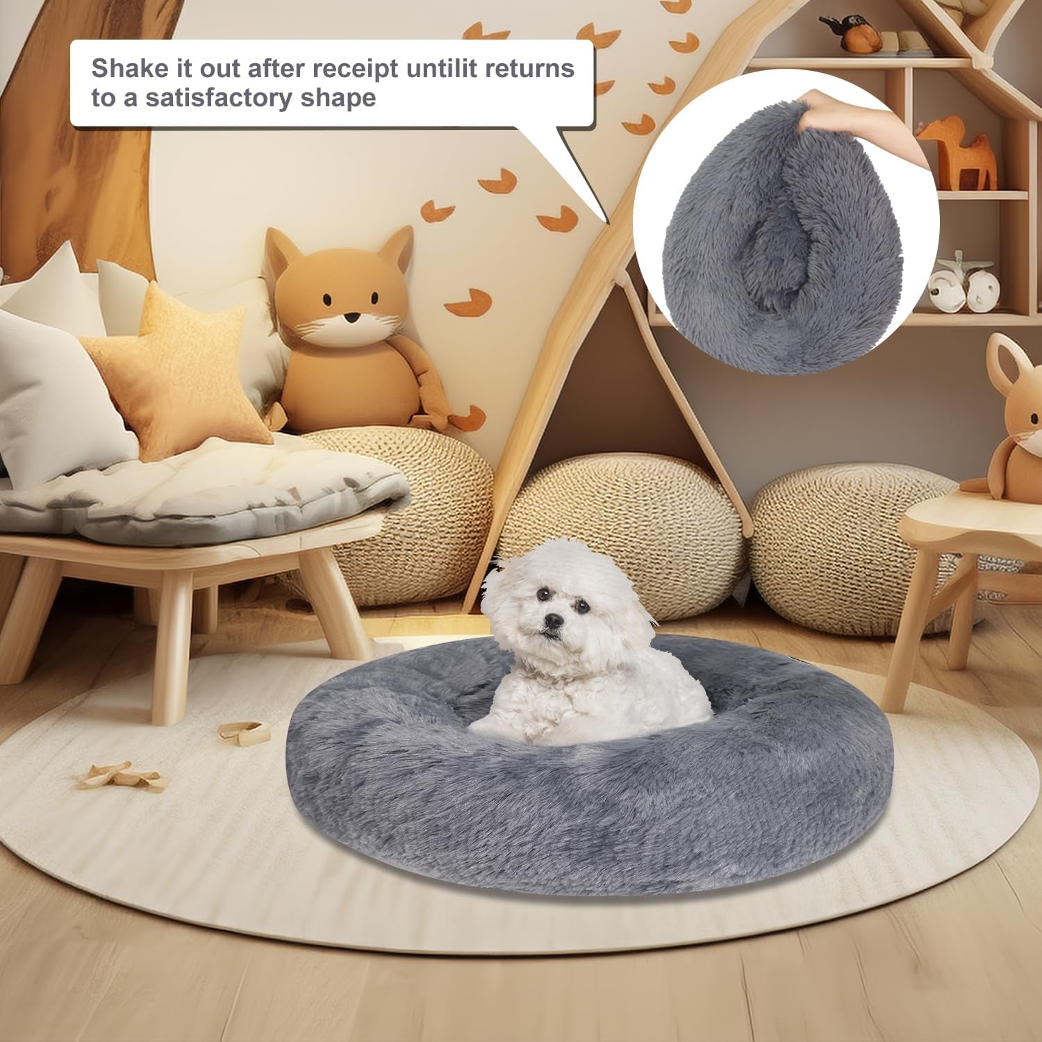 Calming Dog Bed & Cat Bed, Anti-Anxiety Donut Dog Cuddler Bed, Cozy Soft Warm Cat Dog round Bed, Fluffy Faux Fur Plush Cushion Pet Bed for Small Medium Dogs Cats (24", Navy Grey)