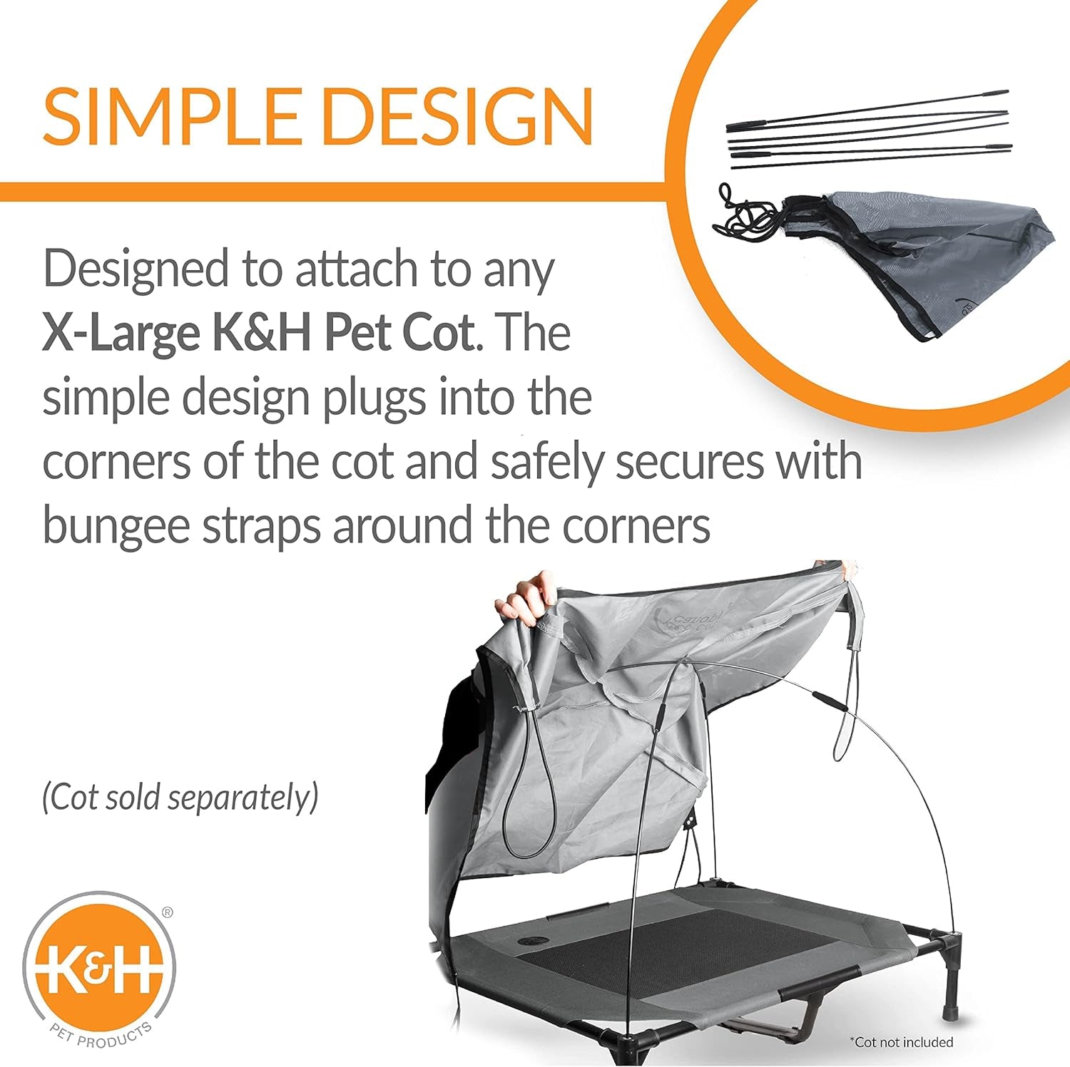 K&H Pet Products Pet Cot Shade Canopy for Elevated outside Dog Beds, Dog Sun Umbrella Canopy for Dog Cots (Cots Sold Separately), Gray X-Large 50 X 32 Inches