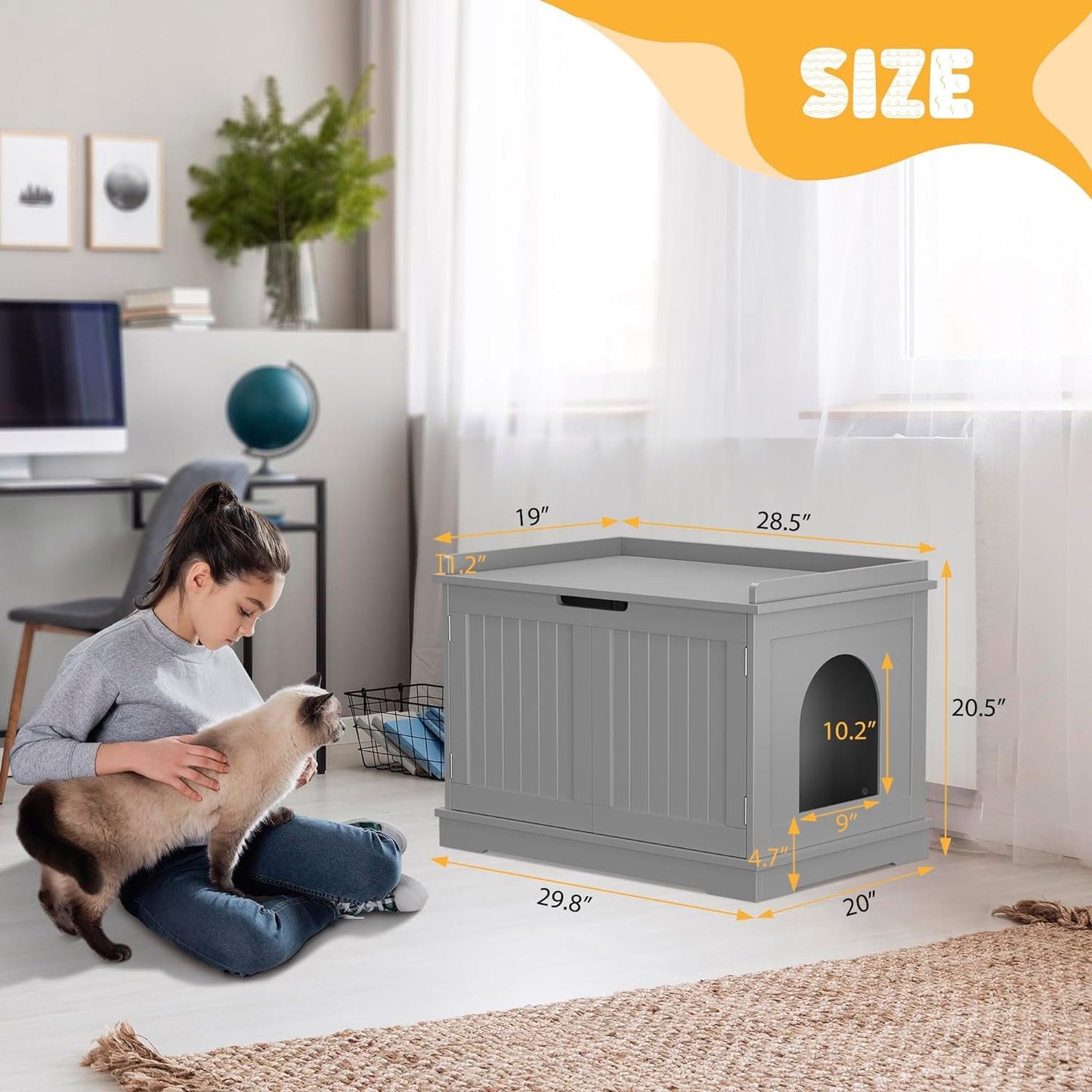 ZENY Cat Litter Box Enclosure, Cat Litter Box Furniture Hidden, Wooden Cat Litter Cabinet with Divider, Modern Cat Washroom Storage Bench，Fit Most of Litter Box, Gray