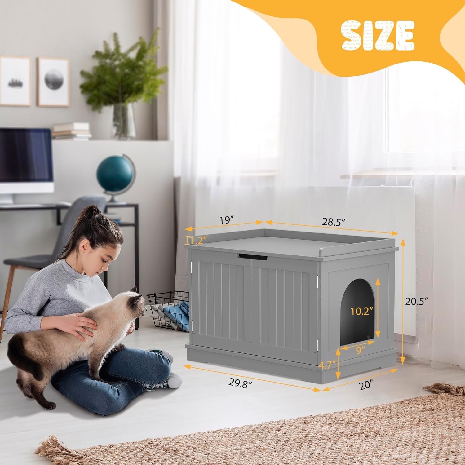 ZENY Cat Litter Box Enclosure, Cat Litter Box Furniture Hidden, Wooden Cat Litter Cabinet with Divider, Modern Cat Washroom Storage Bench，Fit Most of Litter Box, Gray