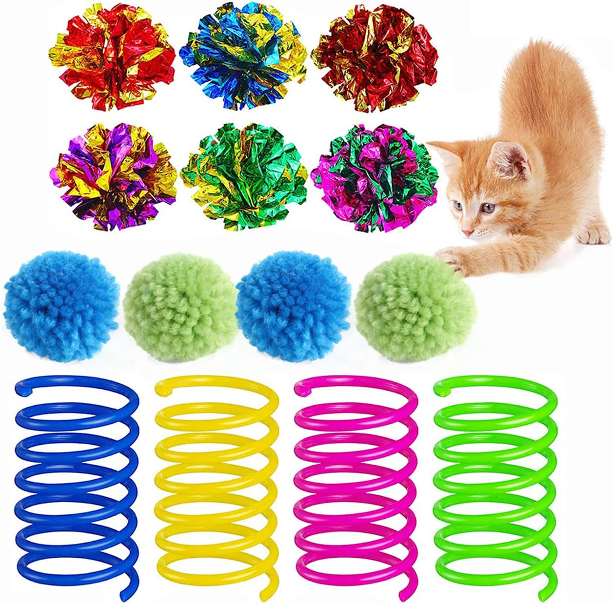 14 PCS Cat Toy Springs and Balls Set,Colorful Cat Spring Toy and Small Pom Pom Balls,Sparkle Kitten Crinkle Toys Cat Mylar Balls with Rustle Sound for Cats Kittens Playing Interacting