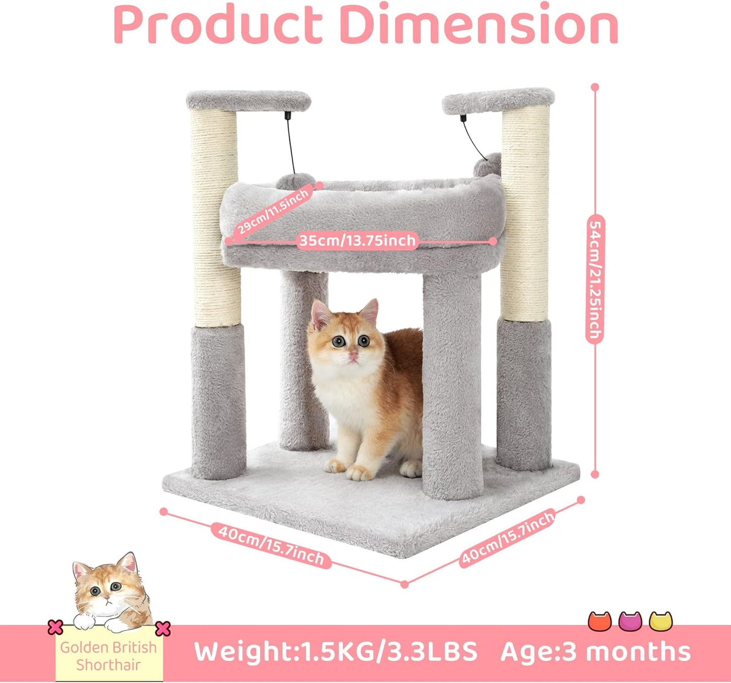 Made4Pets Cat Tree for Indoor Cats, Cat Tower with 2 Natural Sisal Scratching Post for Kitten, Kitty Cat Bed with Pom-Pom Dangling Balls, Grey, DIY