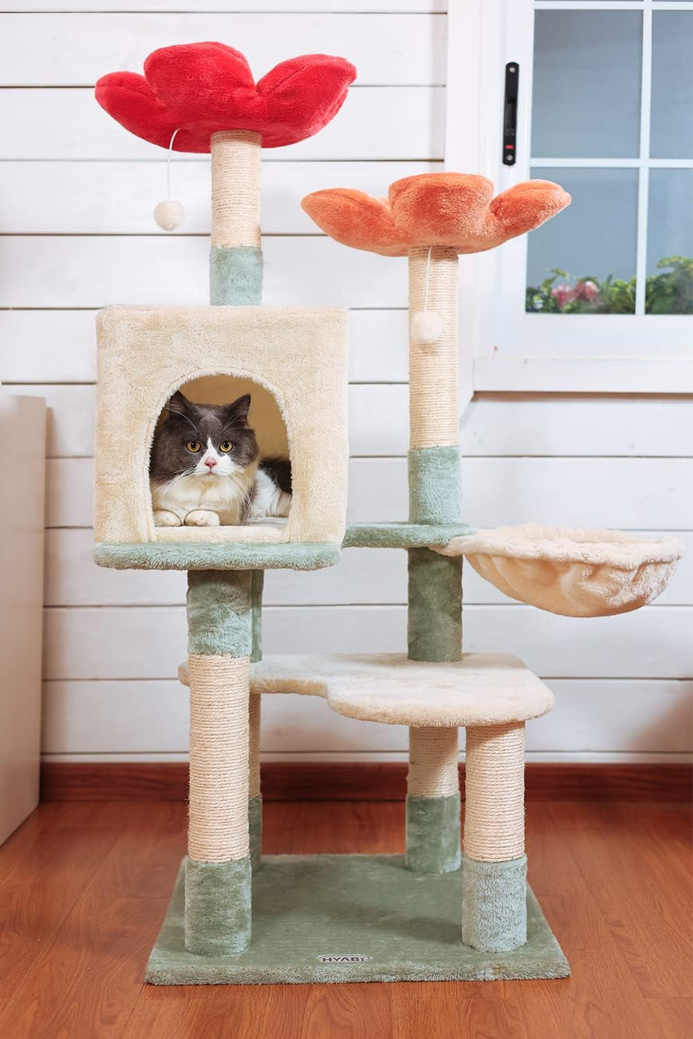 Hyabi 48In Hanging Basket Flower Cat Tree Tower Condo Furniture Apartment Plush Habitat Kitten Amusement Platform with Scratch Posts Toy Ball Pet House Play (Large 48" H)