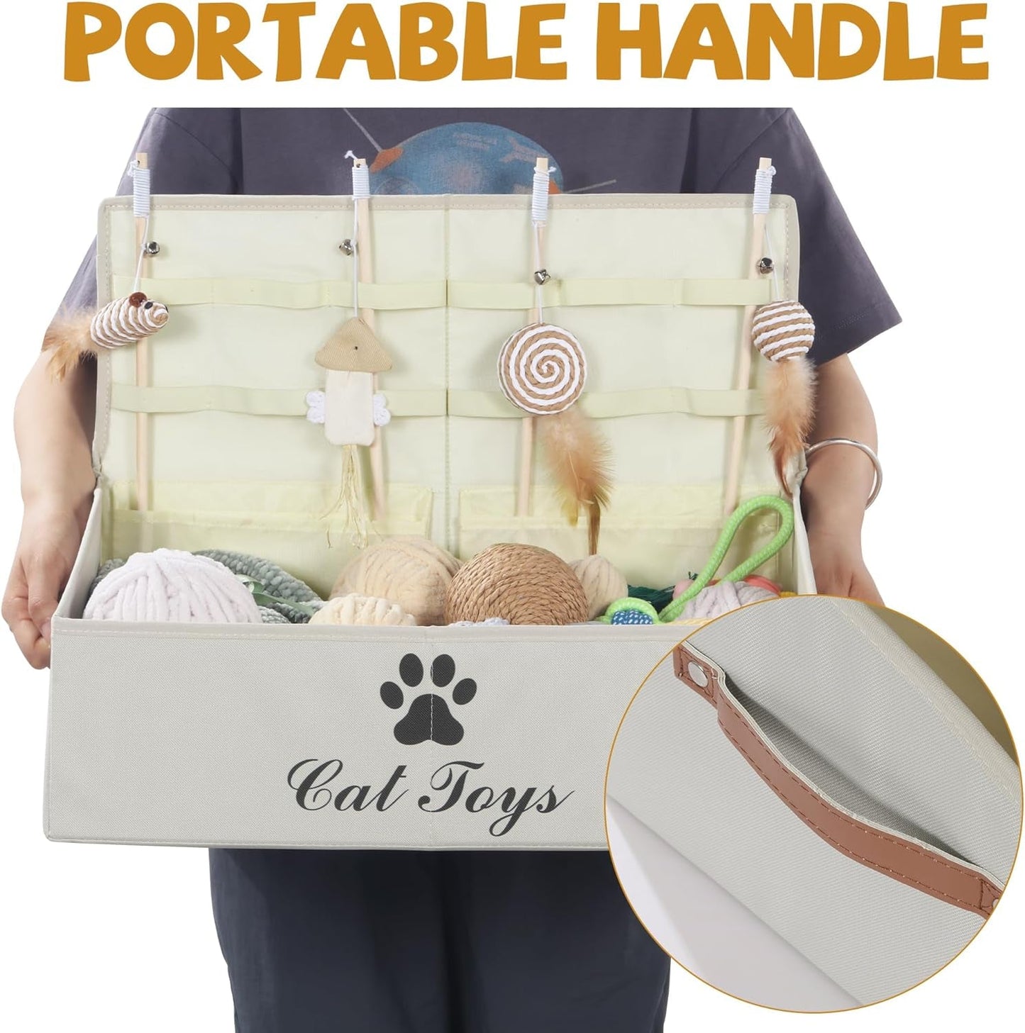 2 in 1 Large Cat Toy Organizer with Lid, Collapsible Durable Cat Feather Toy Storage Bin with Handle,Pet Toy Storage Box for Organizing Cat Toys and Accessories