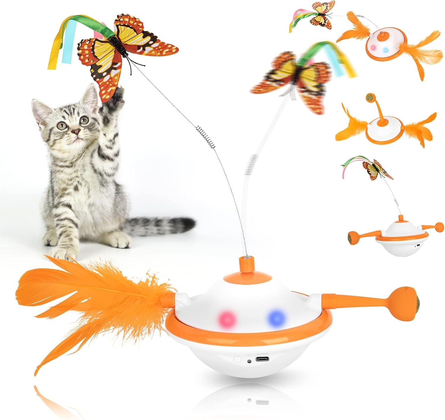 3 in 1 Cat Toys, Automatic UFO Interactive Kitten Toy, Upgraded Moving Cat Toys with Fluttering Butterfly, Feather, LED Light, Pet Exercise Rechargeable Toy for Indoor Cats(Orange)