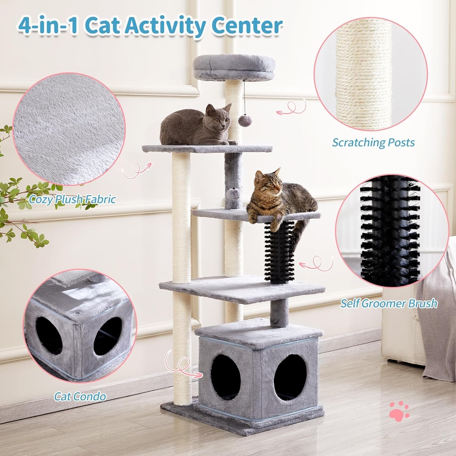 Made4Pets Cat Tree, 52.4" Tall Cat Tower for Indoor Cats, Multi-Level Large Cat Condo with Scratching Posts and Pompoms, Plush Kitten Climbing Tower with Cat Grooming Brush and Perch, Grey