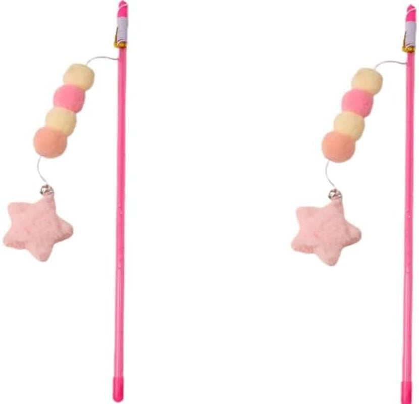 2 Pcs Pink Cat Stick Toy Elastic Rope Plush Ball Star Pendant Bite-Resistant Comfortable Grip Relieve Boredom Handmade Kitten Teaser Wand Cat Mice and Animals Toys Pet Supplies