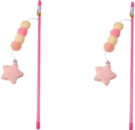 2 Pcs Pink Cat Stick Toy Elastic Rope Plush Ball Star Pendant Bite-Resistant Comfortable Grip Relieve Boredom Handmade Kitten Teaser Wand Cat Mice and Animals Toys Pet Supplies