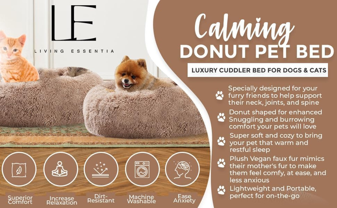 Calming Dog & Cat Bed, Anti-Anxiety Donut Dog Cuddler Bed, Warming Cozy Soft round Pet Bed, Fluffy Faux Fur Plush Cushion Bed for Dogs and Cats (Medium 24X24X8, Khaki Brown)