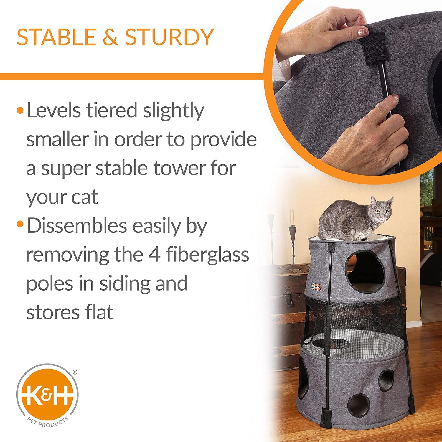 K&H Pet Products Cat Tower Tree Condo for Indoor Cats, Modern Cute Cat Hammock Bed, Kitten & Adult House Activity Center Playground Tree Cave Large Cozy Hideaway - 3 Level Gray 22 X 30