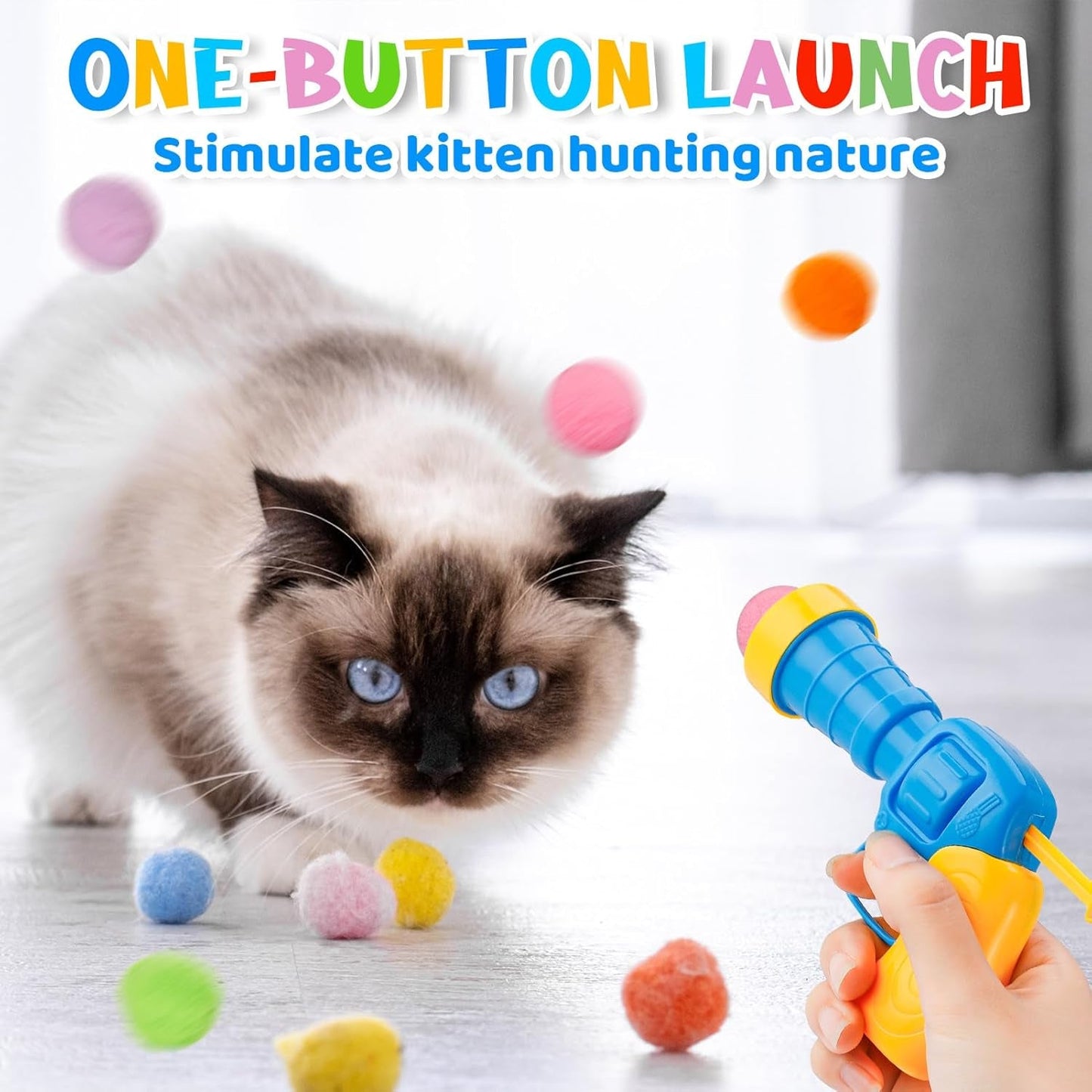 4 Pack Cat Plush Ball Launcher,Interactive Cat Toy with 12 Pcs Ping Pong Balls and 100 Pcs Plush Balls,Boredom Relief Silent Interactive Artifact Pet Supplies Suitable for Kittens,Dogs