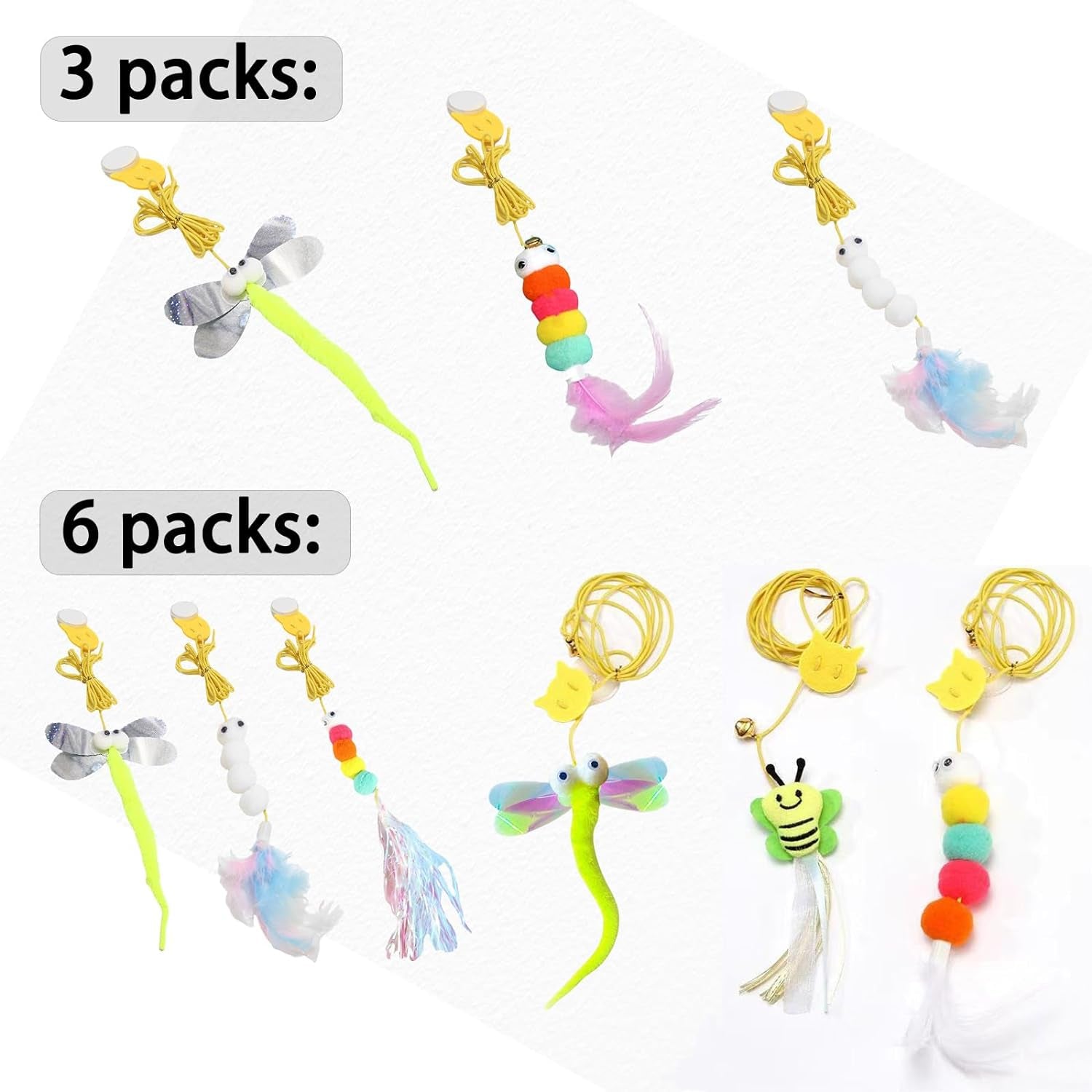 3 Pcs Interactive Toys for Indoor Cats, Best Hanging Cat Toys for Bored Cats, Spring Cat String Toys with Feathers and Bells, Door Hanging Self-Playing Cat Toys (CUTE, Count, 3)