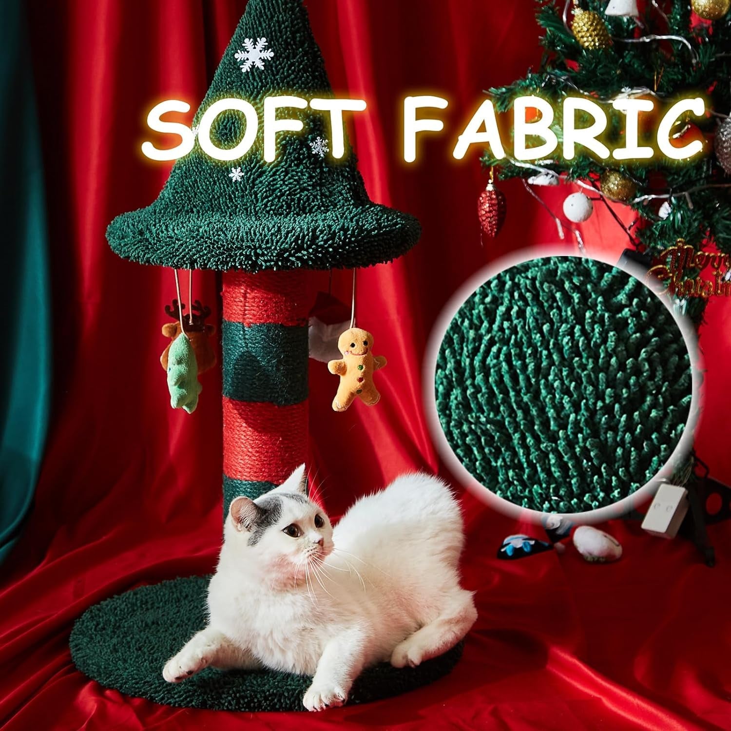 LUCKITTY Cat Scratching Post with 4 Hanging Plush Toy - Christmas Tree Alternative Give Your Cat a Toy and Scratching Post in One with This Ultimate Cat Tree 30 * 15 Inch Red Green