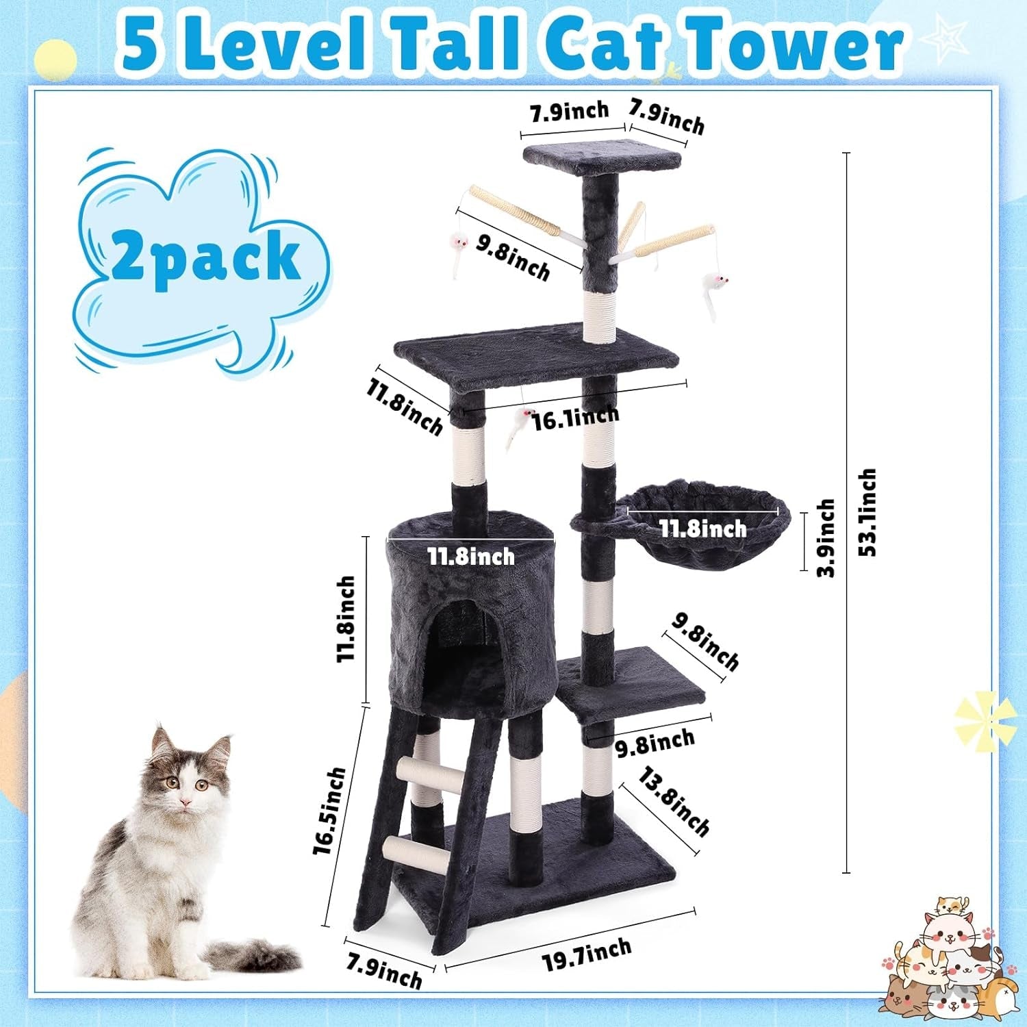 2 Pack Cat Tree, 54.3" Cat Tree Tower for Indoor Cats, 5 Floor Tall Velvet Cat Tree Tower Modern Cat Activity Center Play Tower with Cat Condo Perches Hammock Scratching Posts Funny Cat Stick