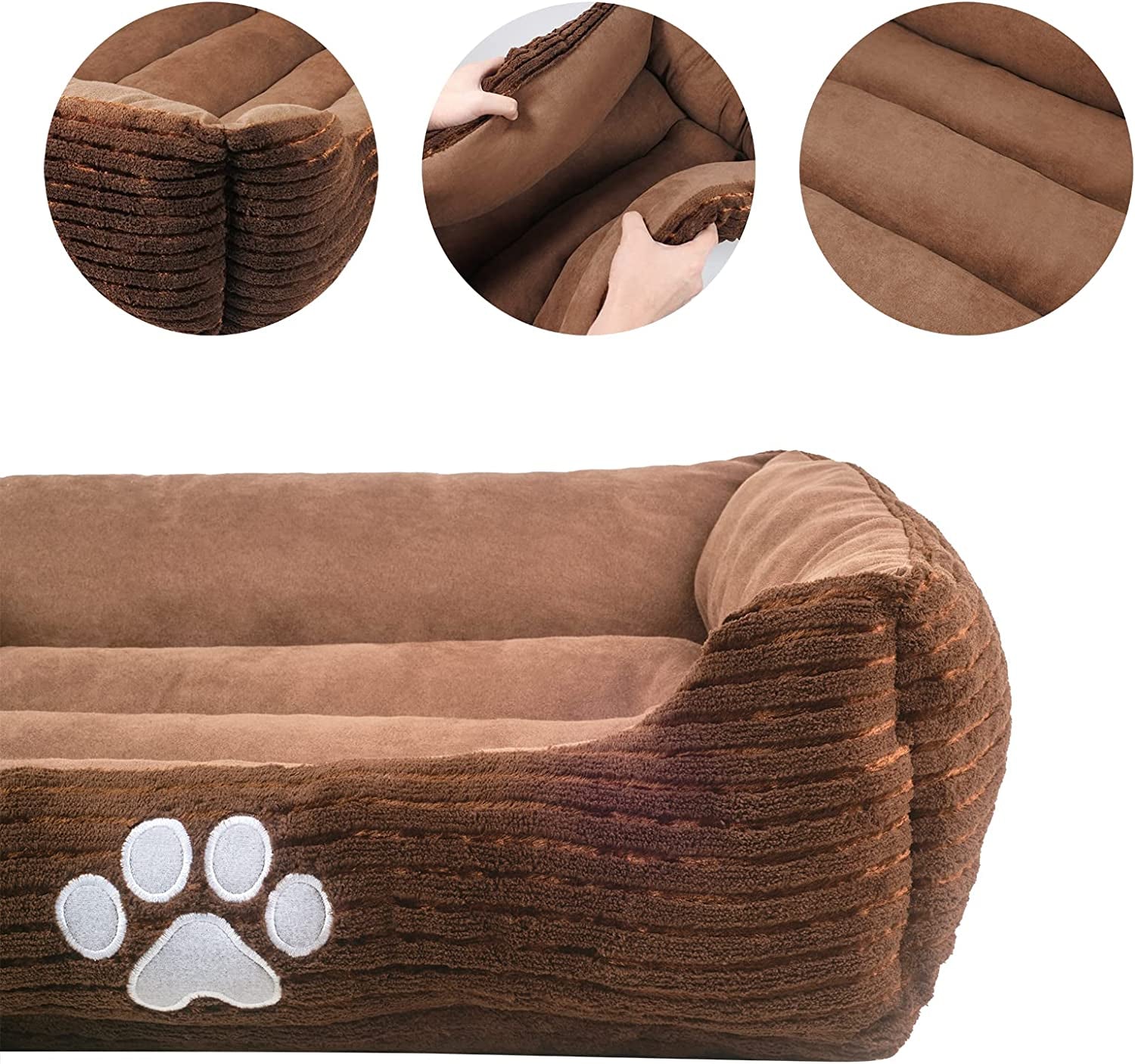 Long Rich HCT REC-005 Reversible Rectangle Pet Bed with Dog Paw Printing, Coffee, by Happycare Textiles, 25 by 21 Inches