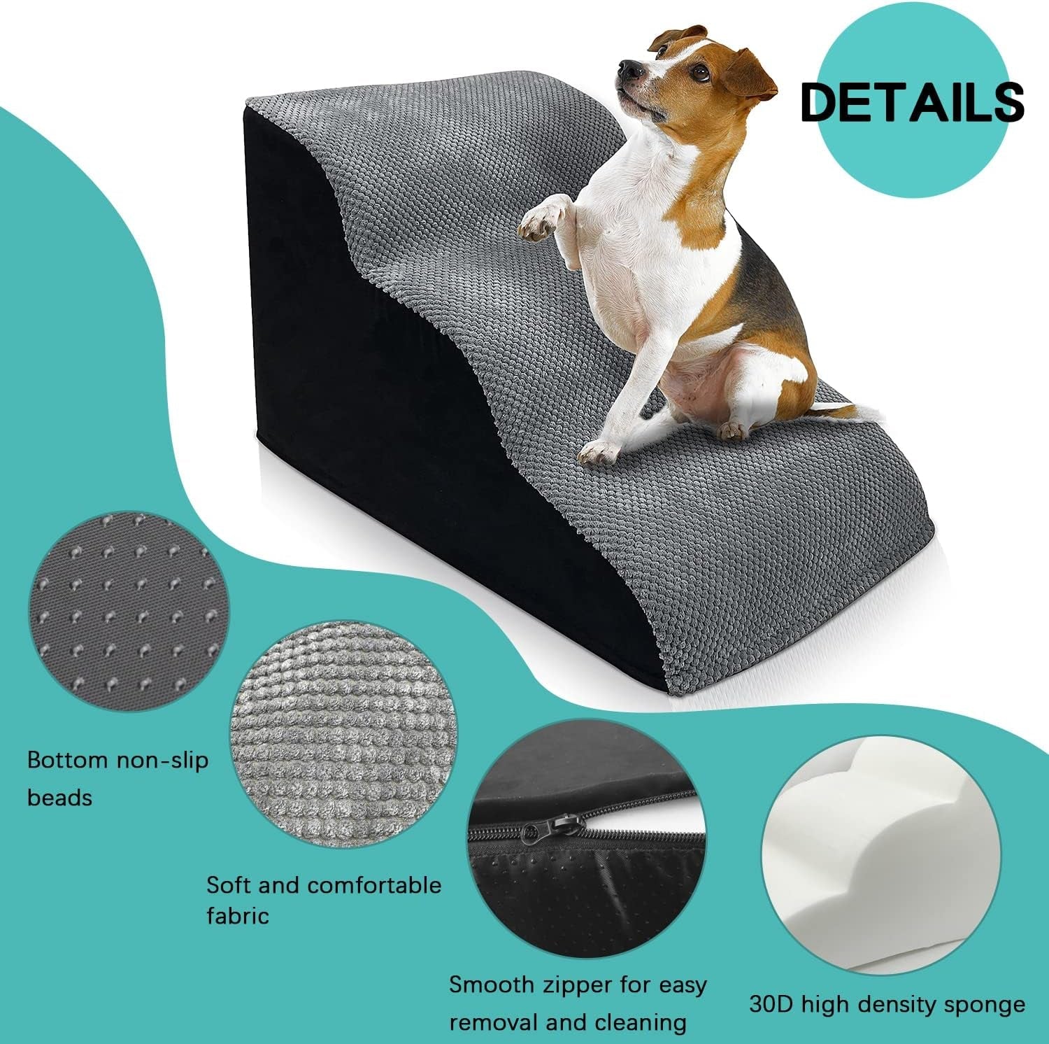 Dog Stairs for Small Dogs, Dog Steps for High Bed and Couch Bed, Pet Steps Stairs for Old Dogs to Get on Bed, with 30D High-Density and Detachable Cleaning (Grey 3 Tiers)