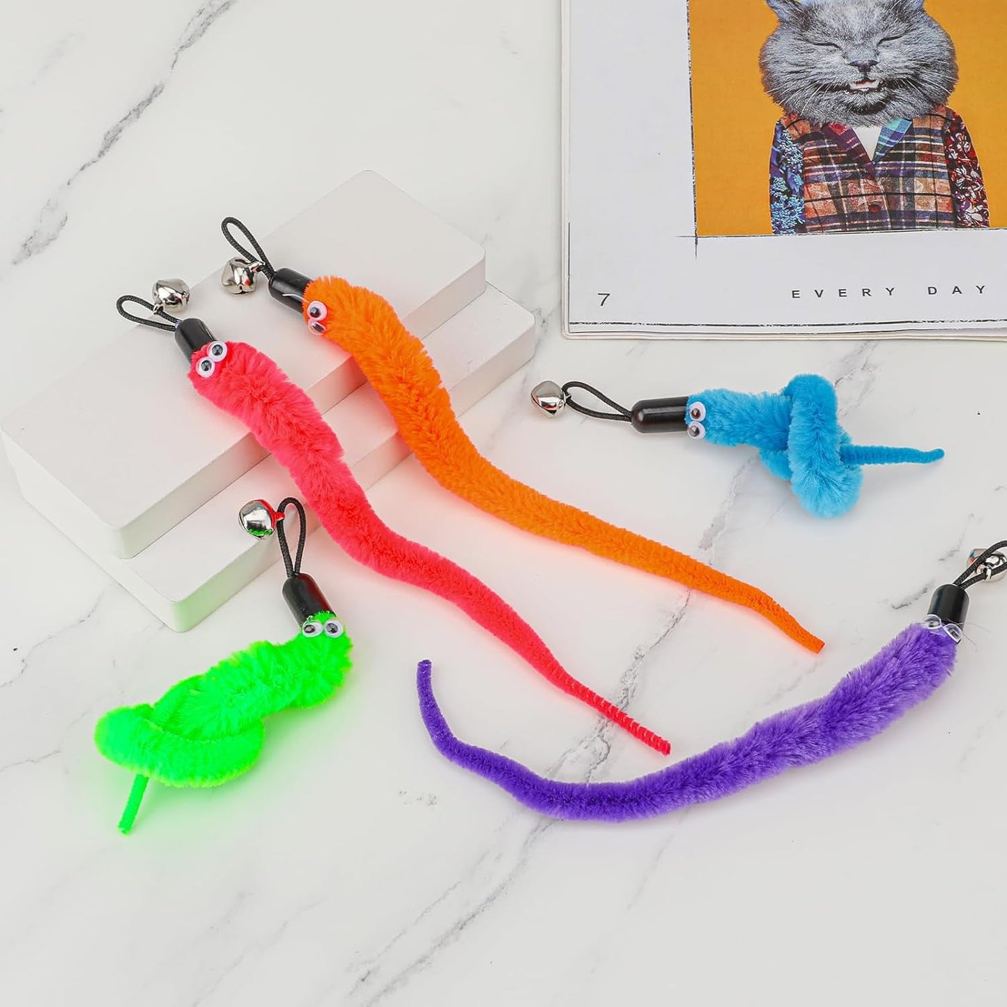 15 Pcs Cat Teasers Wand Toys Cat Worm Toy Cat Worms Refill Cat Wand Replacement Refill Furry Worm Toy with Bells for Cat Small Pet Interactive Supplies