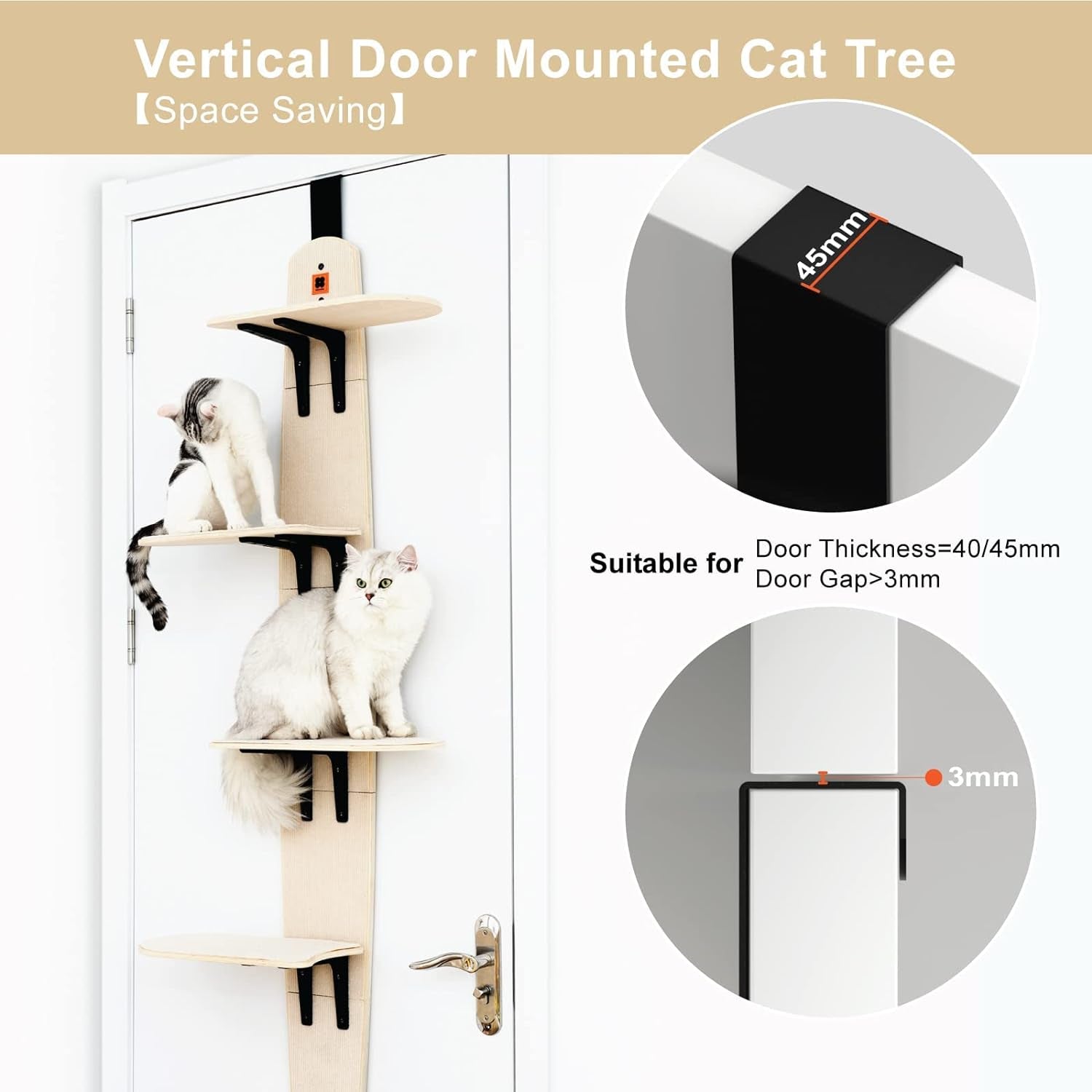 MEWOOFUN 4-Levels Door Hanging Cat Climber Door Mounted Vertical Cat Tree Tower with Carpeted Plank for Indoor Cats (Door Mounted-67.3" H X 22.3" L X 10.5”W)