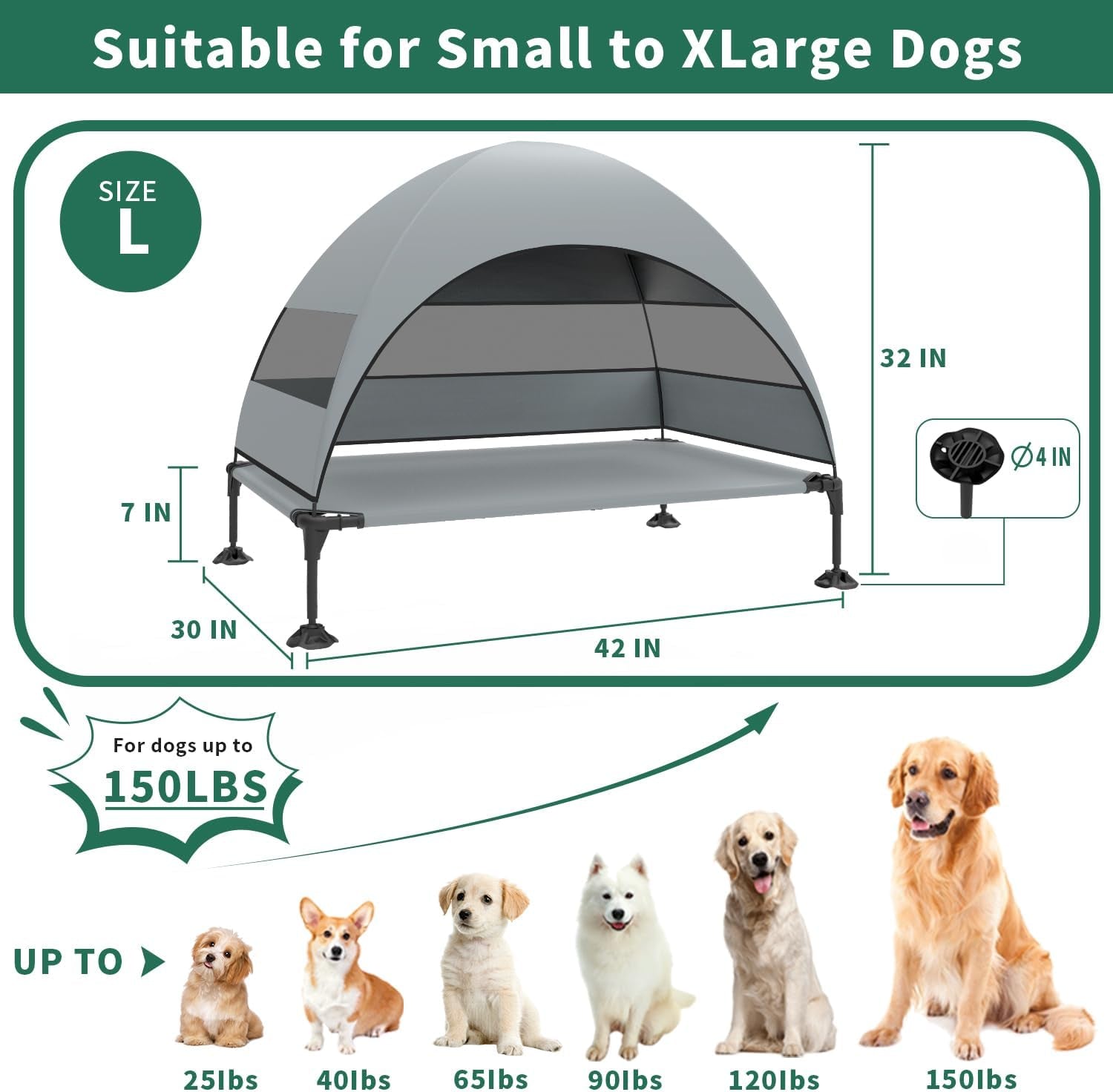 Elevated Dog Bed with Canopy, Raised Outdoor Dog Cot with Stable Anti-Slip Feet, Pet Bed with Removable Canopy Shade Tent, Dog Bed for Large Dog Indoor Outdoor (Grey, 42.0" L X 30.0" W X 33.0" Th)