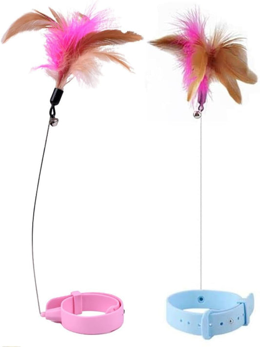 2Pcs Cat Collar Toy, Cat Feather Collar Toys,Cat Teasing Wand Silicone Collar Hands Free Toy with Bell and Feathers for Cats