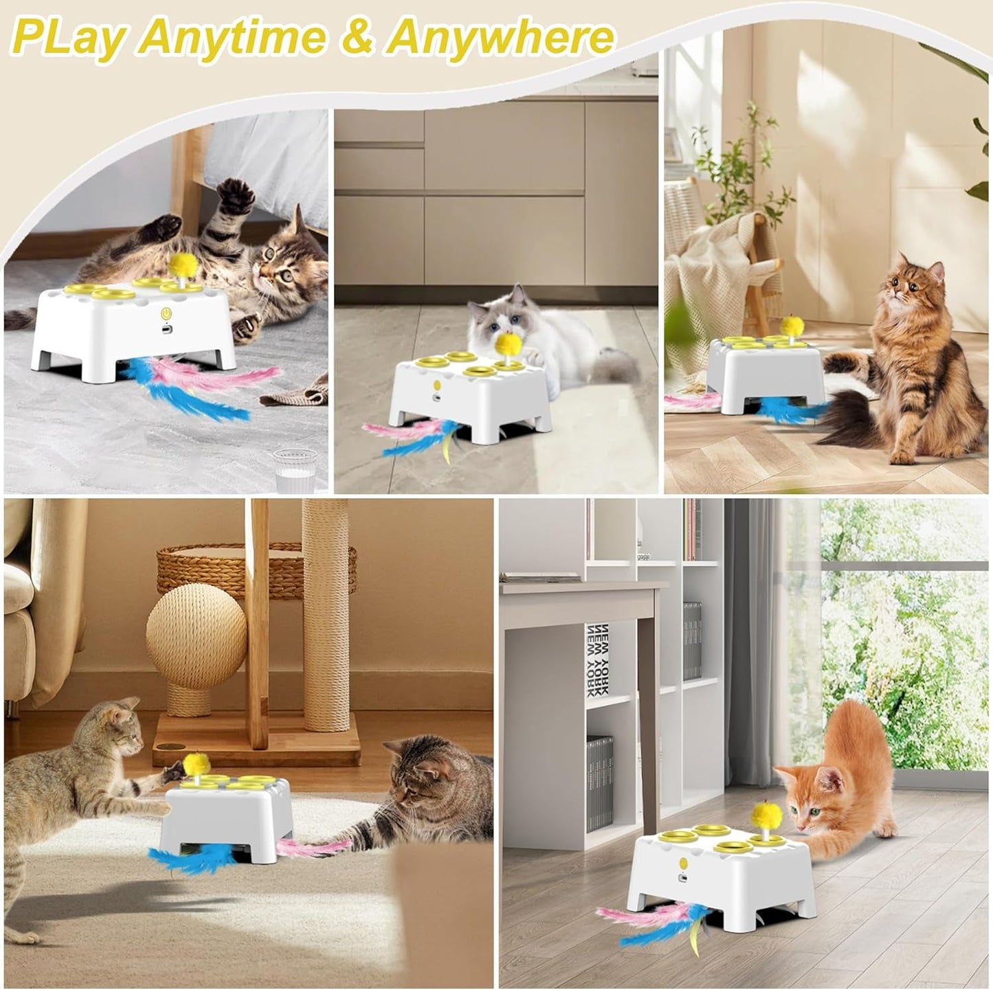 Interactive Cat Toys, 2-In-1 Automatic Cat Toy, 4 Holes Mice Whack a Mole Cat Mouse Toy with Moving Feather, Portable USB Rechargeable Electronic Kitten Toys White & Yellow